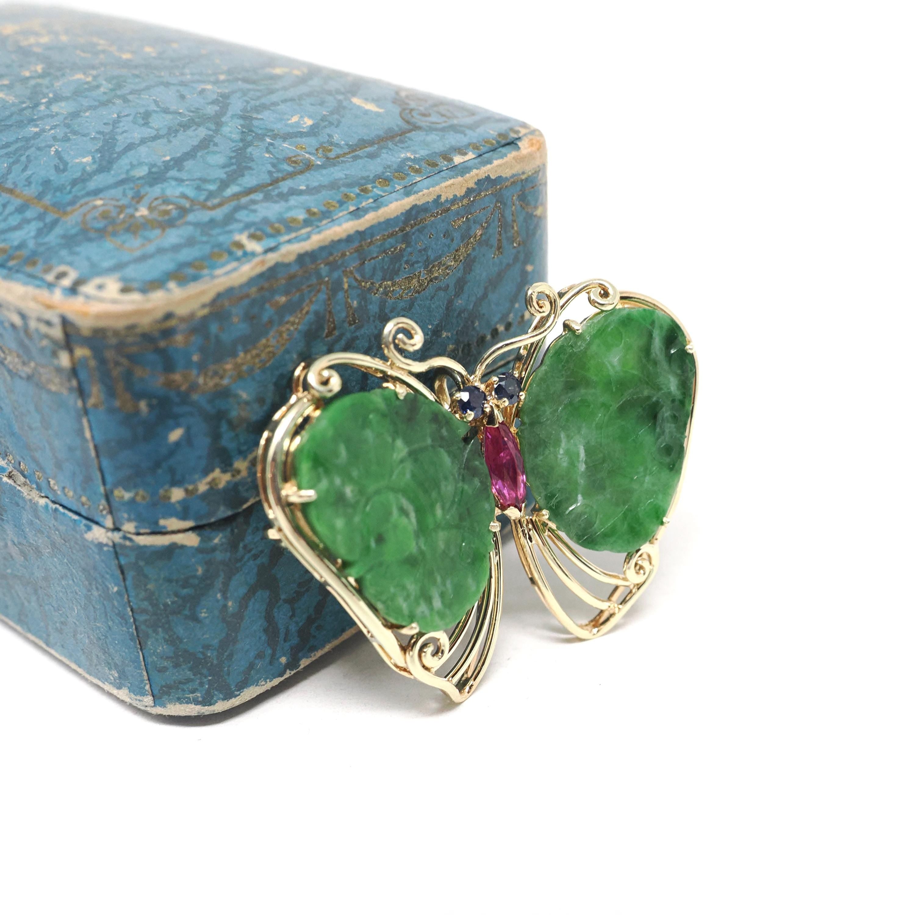 Vintage Butterfly Brooch - Estate 14k Yellow Gold Flying Winged Jadeite Jade Sapphire Ruby - Modernist Colorful Gemstone Insect Fine Jewelry