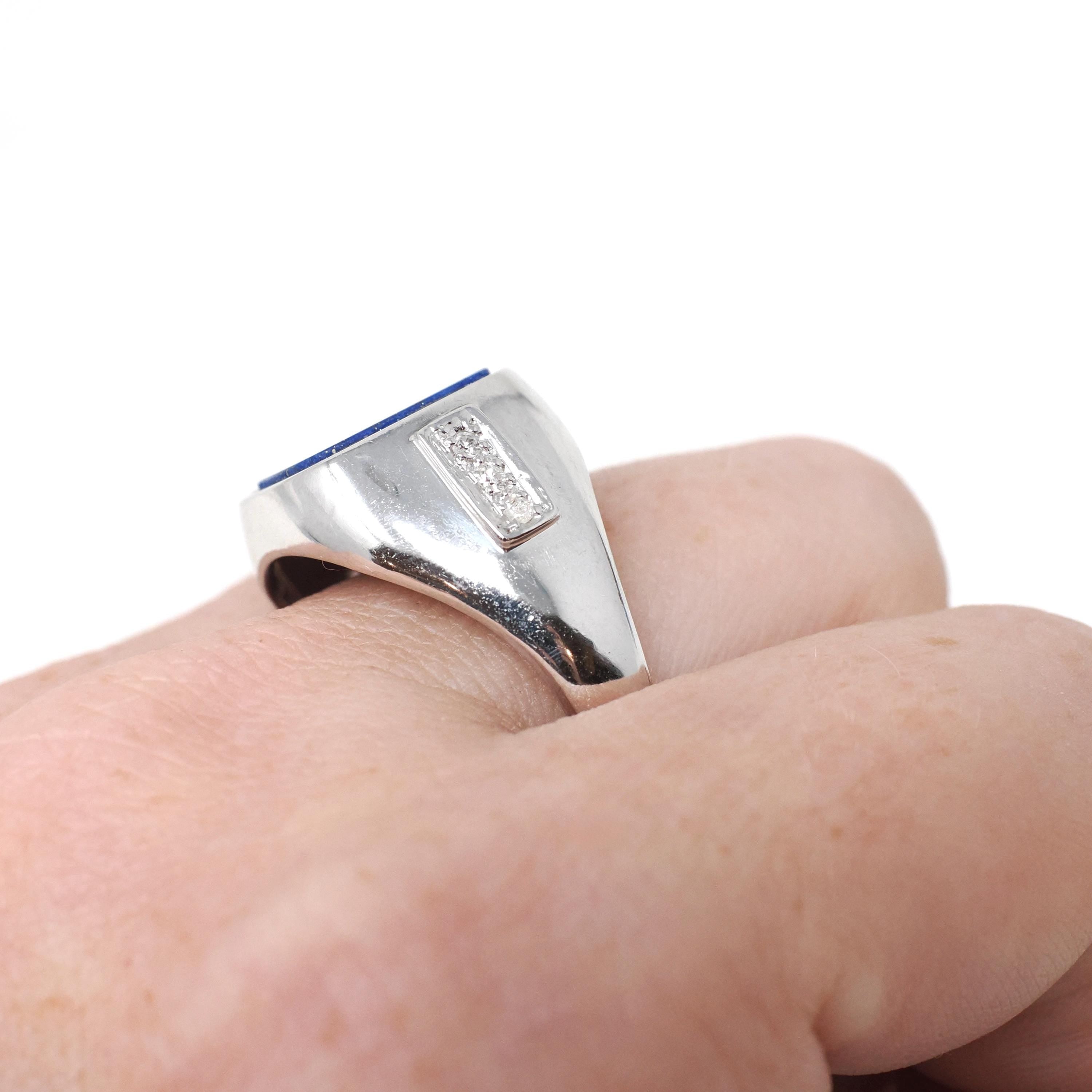 Vintage Lapis Lazuli Ring - Modernist 14k White Gold Flat Top Blue Gem Signet - Circa 1970s Size 10 Diamond Accented Fine Unisex Jewelry