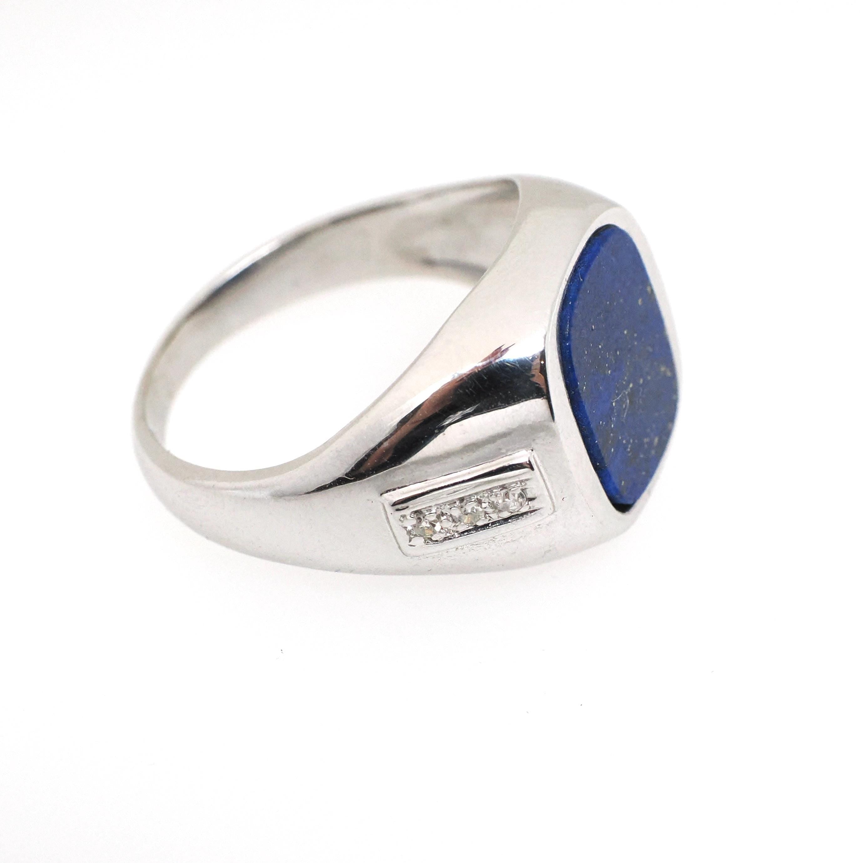 Vintage Lapis Lazuli Ring - Modernist 14k White Gold Flat Top Blue Gem Signet - Circa 1970s Size 10 Diamond Accented Fine Unisex Jewelry
