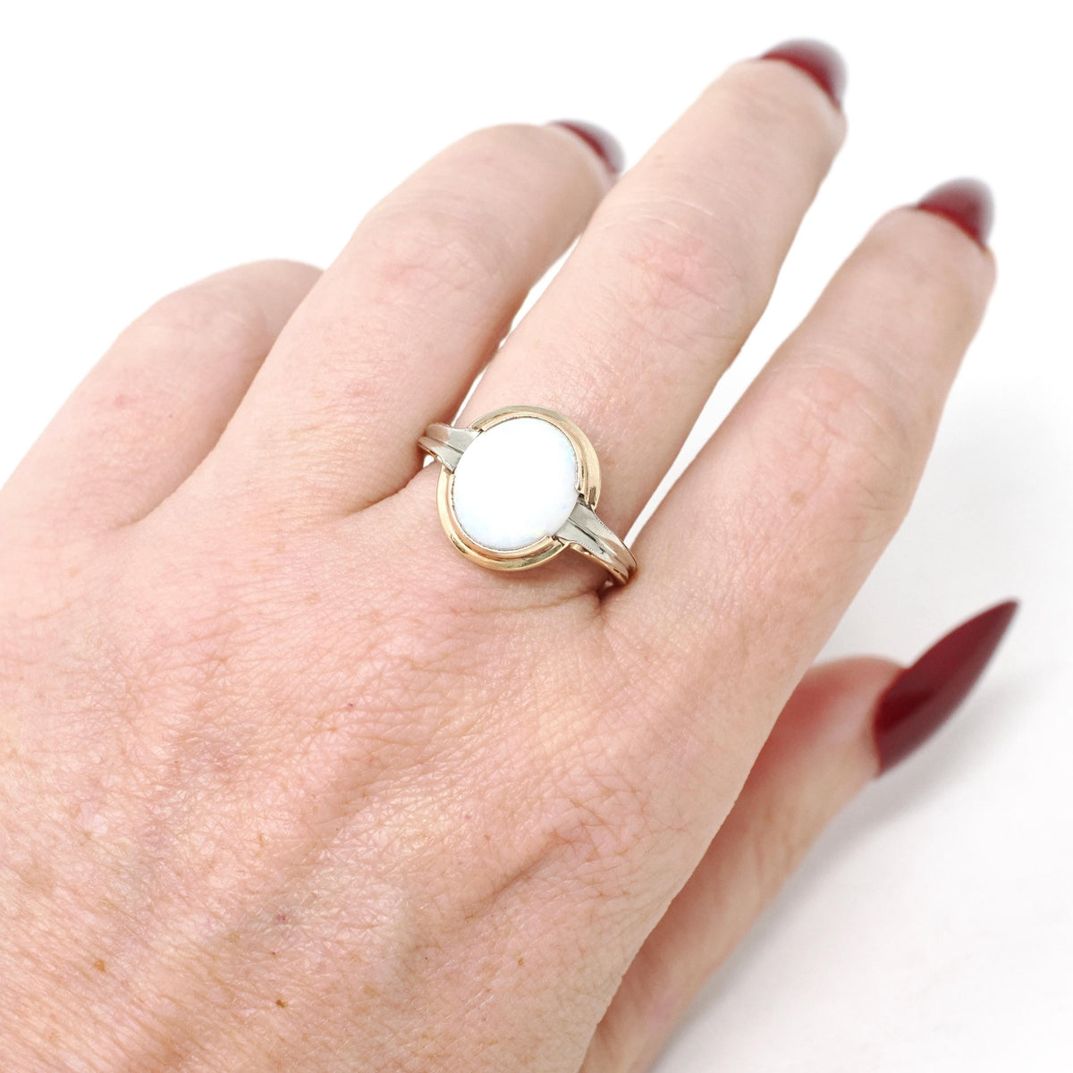 Vintage Opal Ring - Mid Century 10k Yellow Gold Natural Cabochon Gemstone Solitaire - Circa 1960s Size 7 3/4 October Birthstone Fine Jewelry