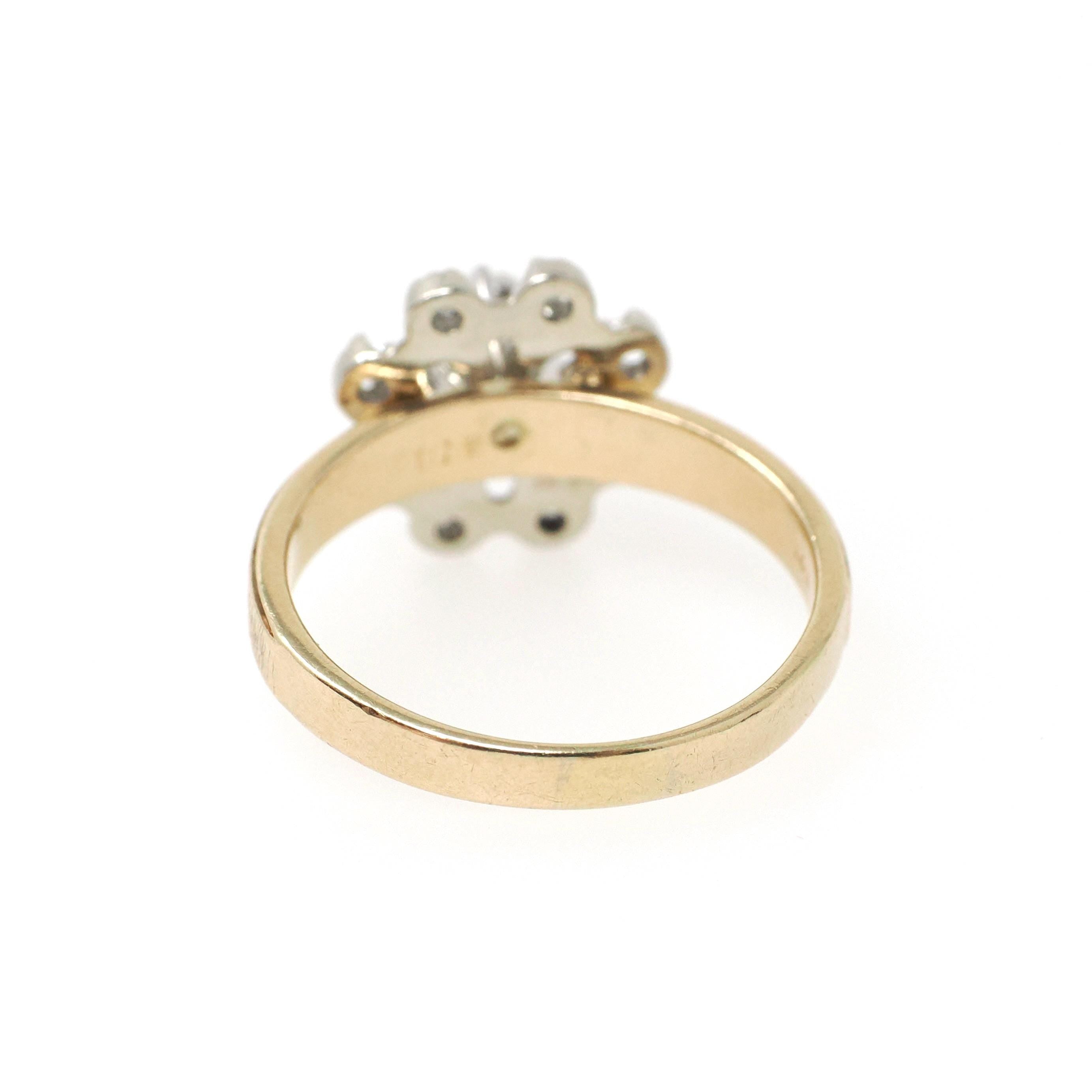Diamond Engagement Ring - Modernist 14k Yellow & White Gold .33 CTW Floral Cluster Halo - Circa 1970s Era Size 7 3/4 Fine Engagement Jewelry