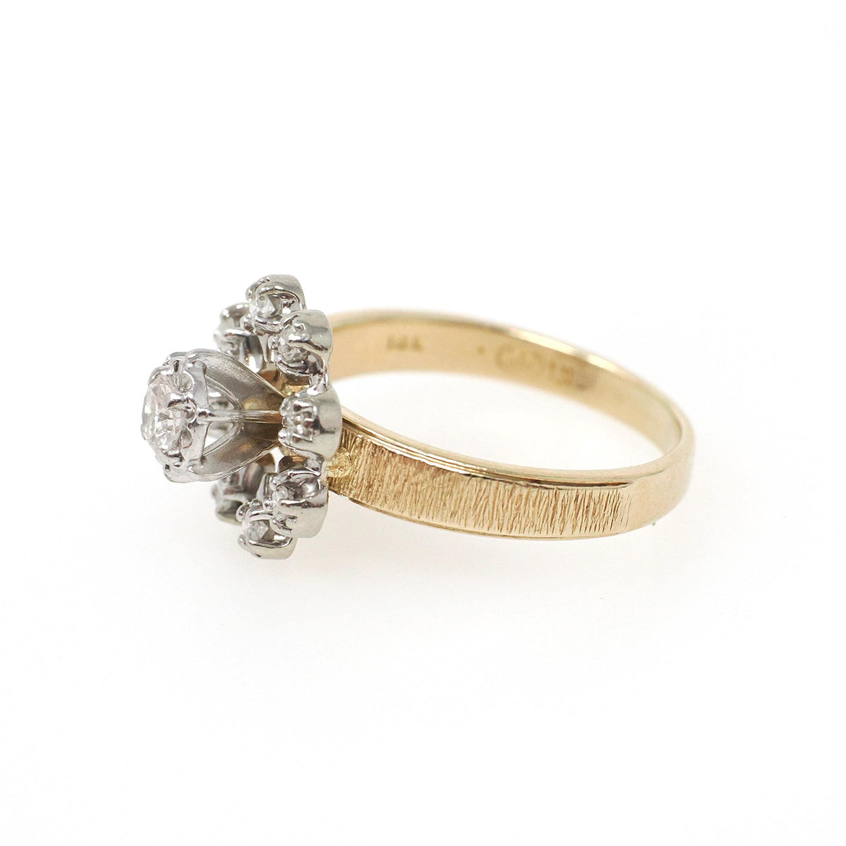 Diamond Engagement Ring - Modernist 14k Yellow & White Gold .33 CTW Floral Cluster Halo - Circa 1970s Era Size 7 3/4 Fine Engagement Jewelry
