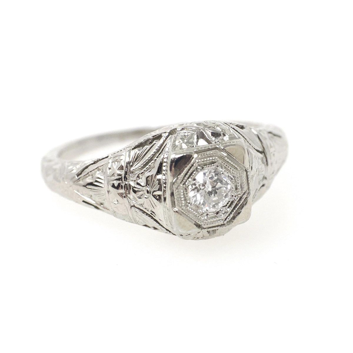 Art Deco Engagement Ring - Antique 18k White Gold Filigree 0.15 CT Old European Cut Diamond Solitaire - Circa 1920s Era Size 6 Fine Jewelry