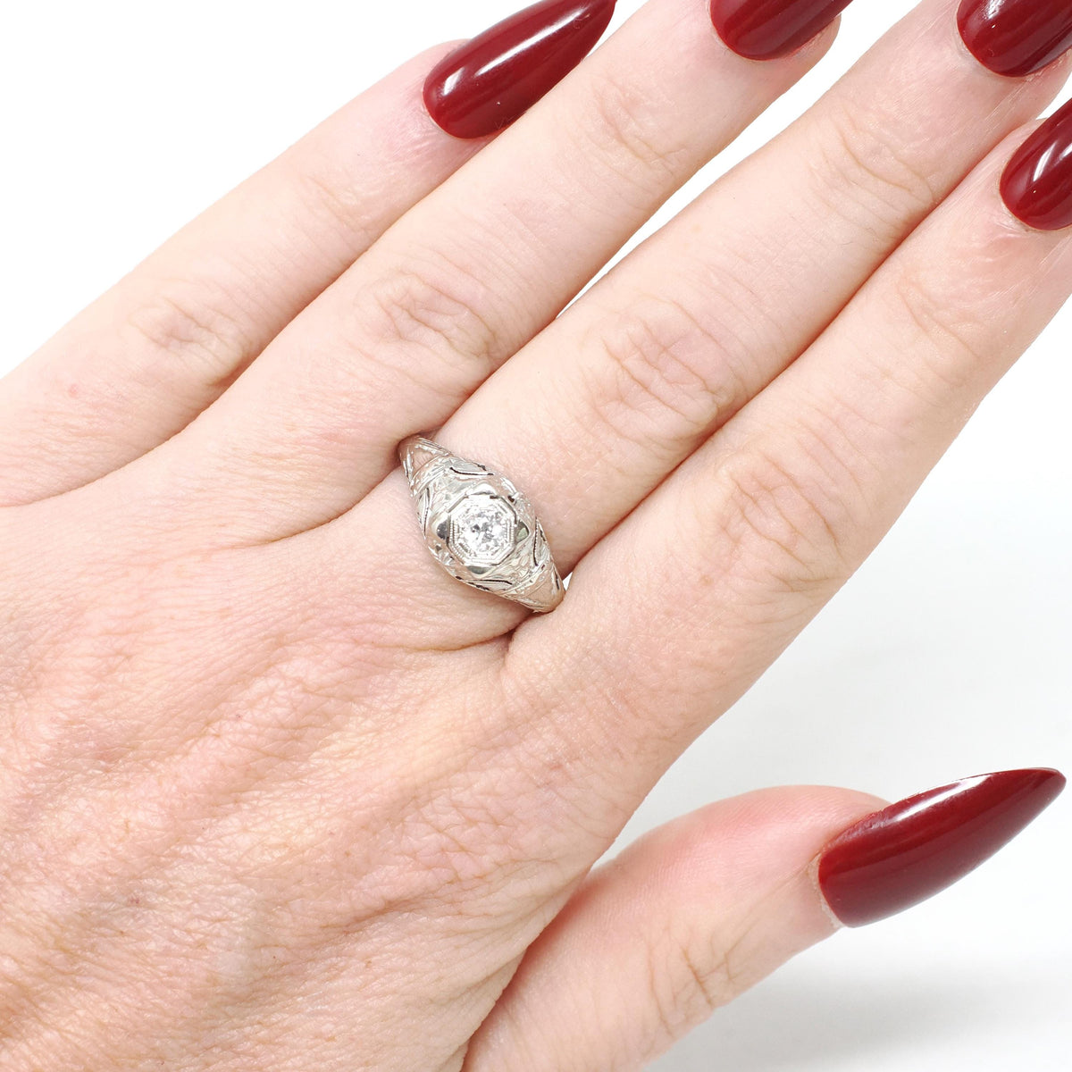 Art Deco Engagement Ring - Antique 18k White Gold Filigree 0.15 CT Old European Cut Diamond Solitaire - Circa 1920s Era Size 6 Fine Jewelry