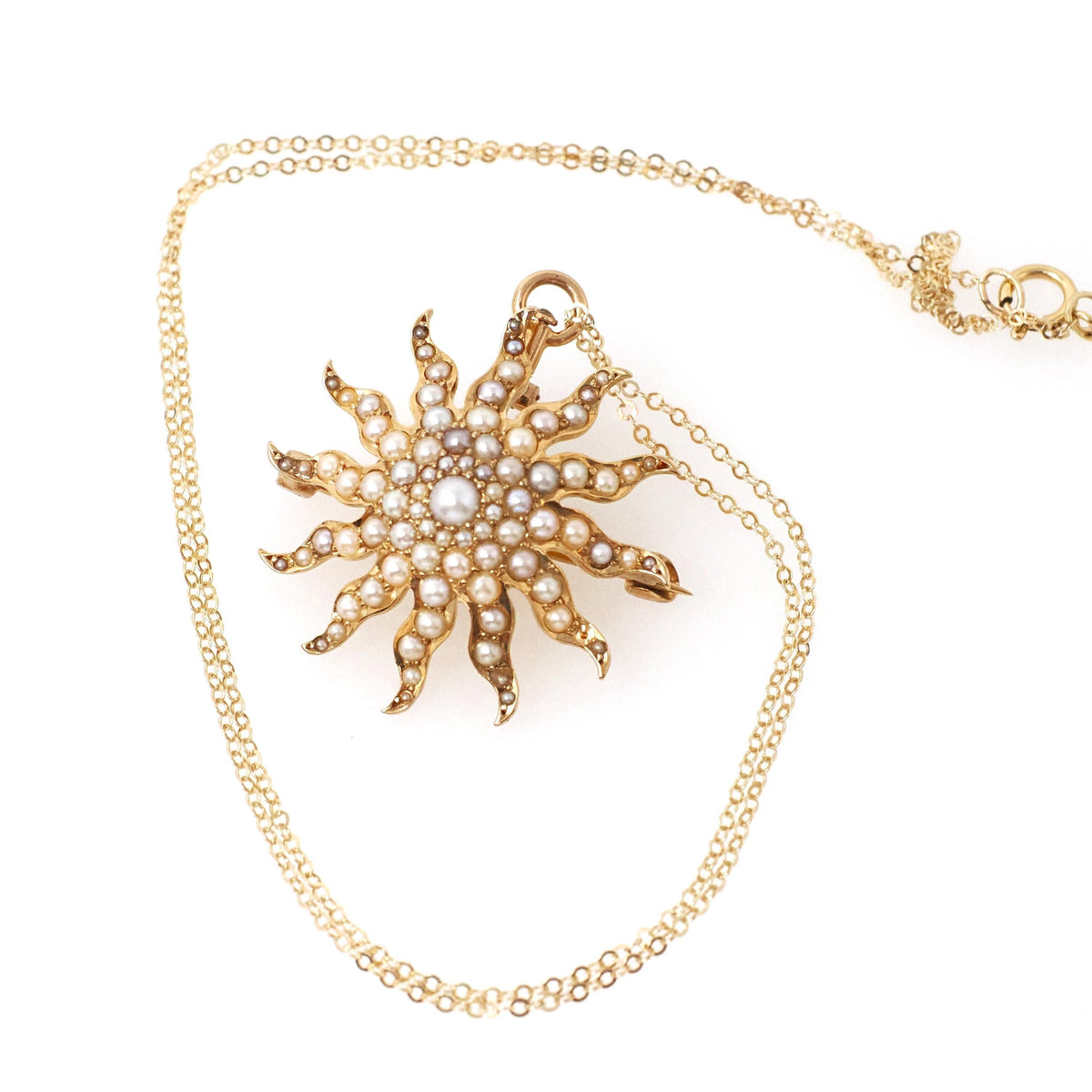 Antique Starburst Necklace - Edwardian 14k Yellow Gold Seed Pearls Brooch Pendant - Circa 1910s Sun Star Celestial Fine Statement Jewelry
