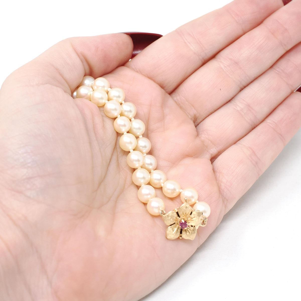 Pearl Strand Necklace - Estate 14k Yellow Gold Flower Clasp Ruby Accent 6 MM Freshwater Beads - Contemporary Era Choker Fine Jewelry