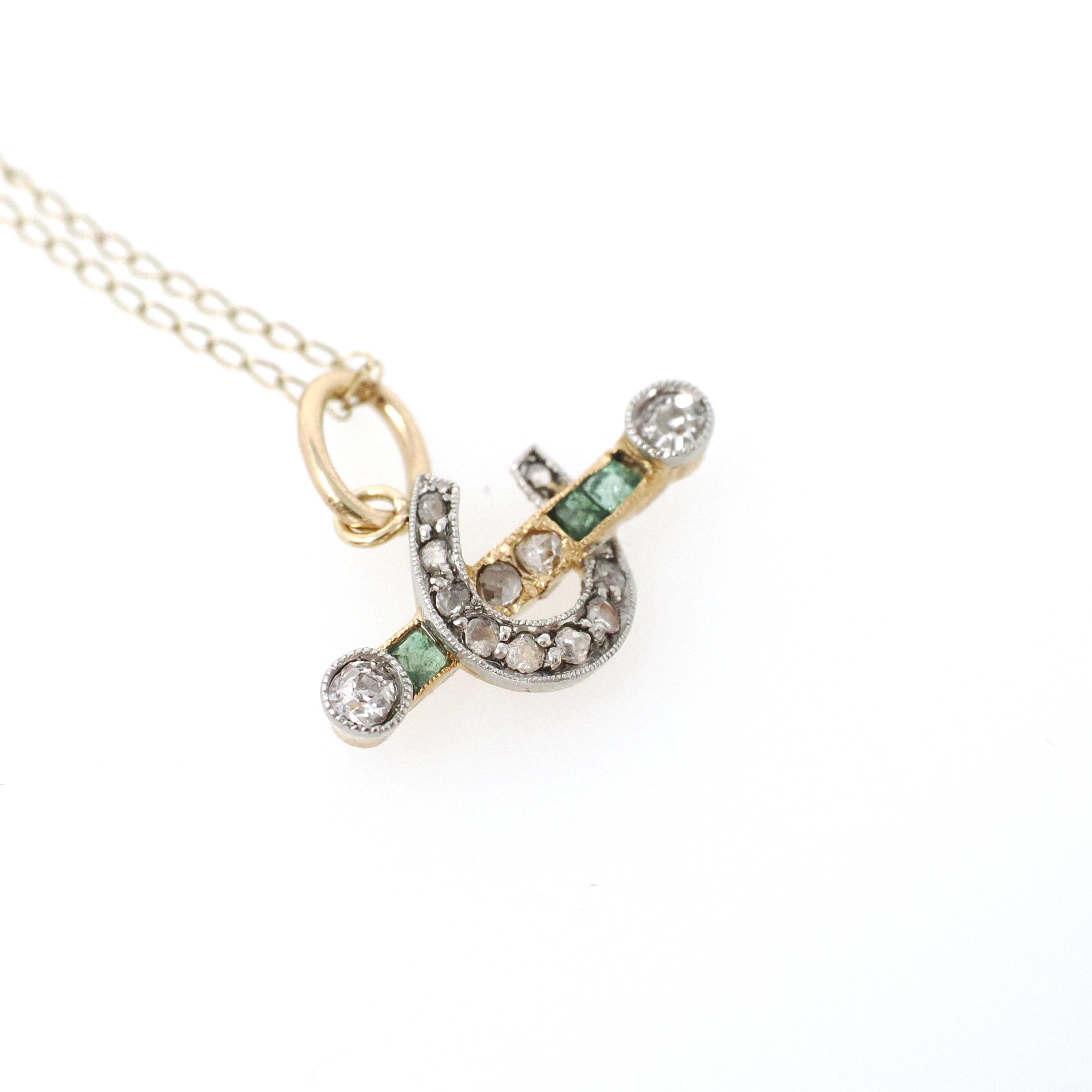 Edwardian Horseshoe Pendant - Antique 18k Yellow Gold & Platinum Emerald Diamond Charm - Circa 1910s Era Good Luck Equestrian Fine Jewelry
