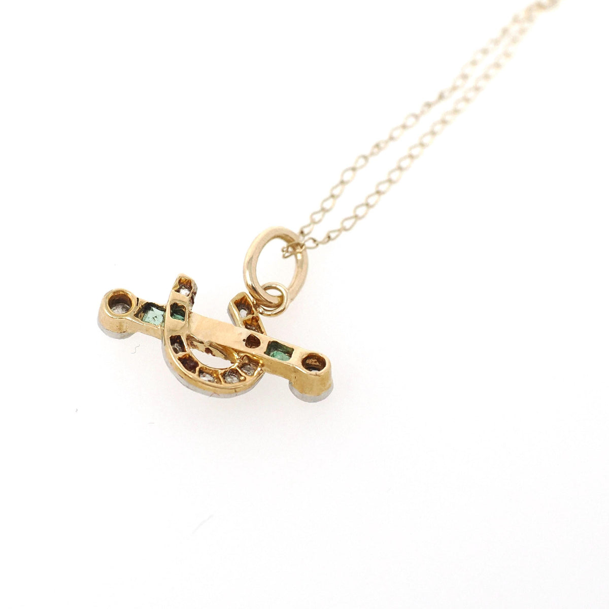 Edwardian Horseshoe Pendant - Antique 18k Yellow Gold & Platinum Emerald Diamond Charm - Circa 1910s Era Good Luck Equestrian Fine Jewelry