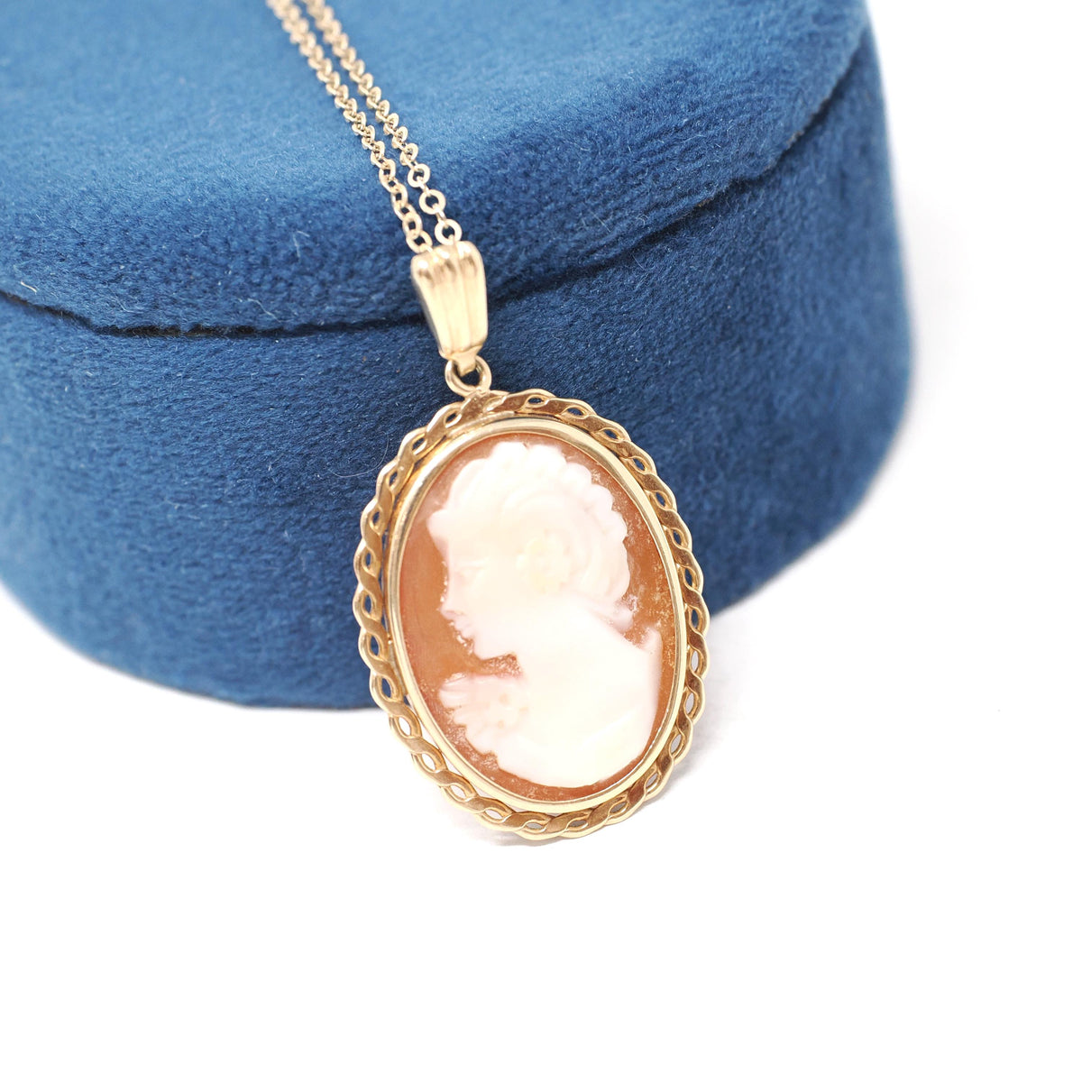 Vintage Cameo Necklace - Modernist 9k Yellow Gold Carved Shell Woman's Profile Pendant Charm - Circa Late 1960s Era Statement Fine Jewelry