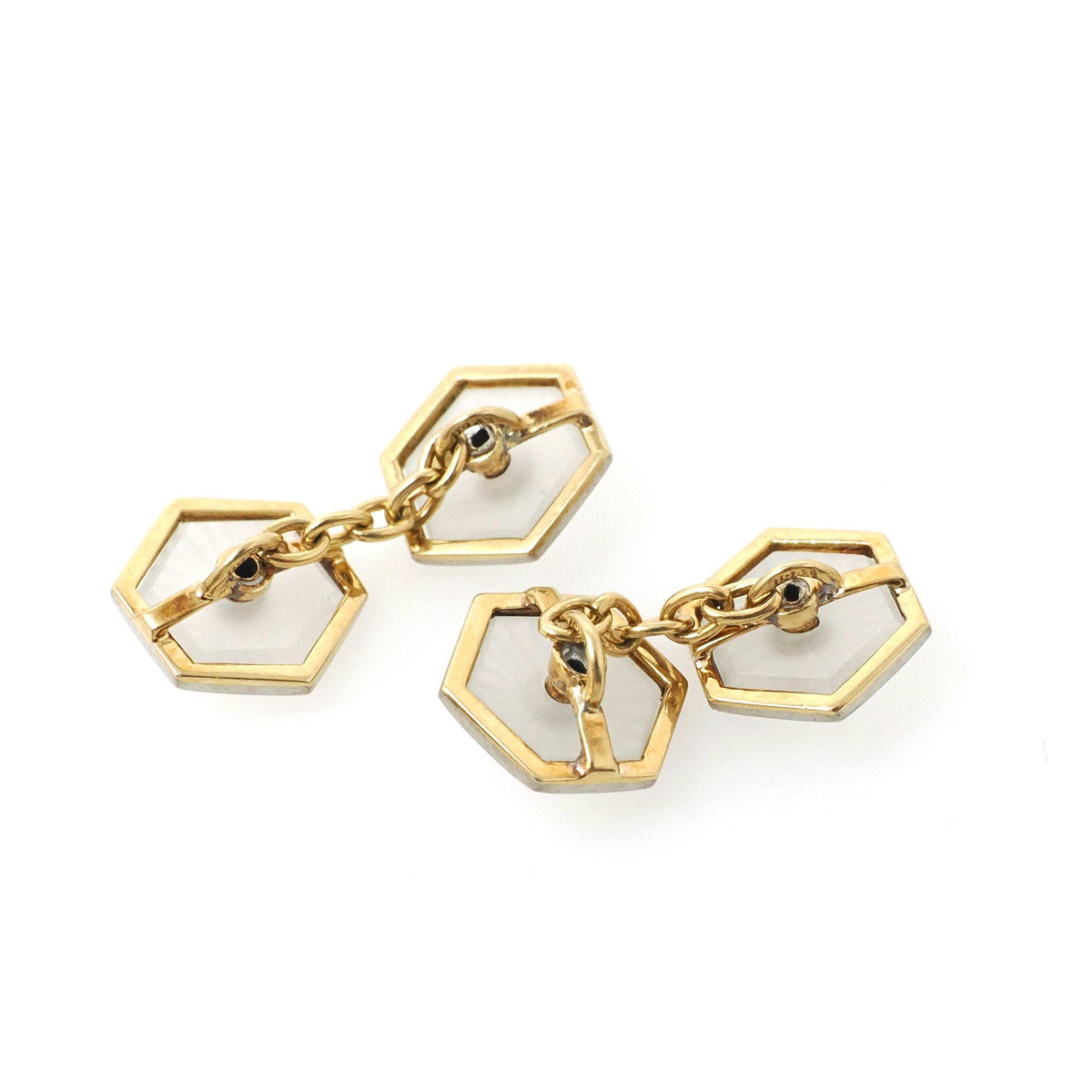 Art Deco Cufflinks - Antique 18k Yellow White Gold Matched Hexagonal Natural Sapphire Rock Crystal Quartz - Circa 1930s Fine Enamel Jewelry