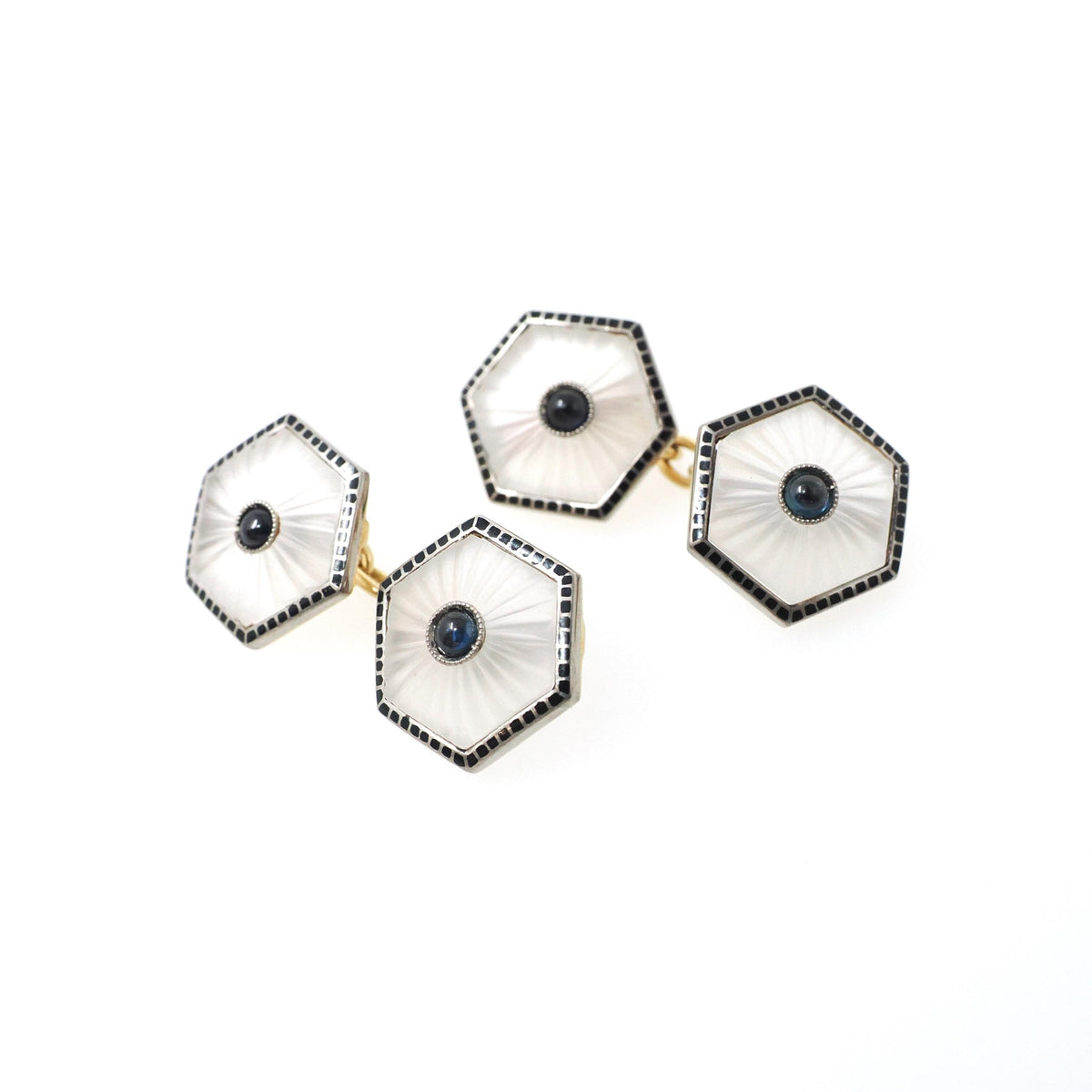 Art Deco Cufflinks - Antique 18k Yellow White Gold Matched Hexagonal Natural Sapphire Rock Crystal Quartz - Circa 1930s Fine Enamel Jewelry