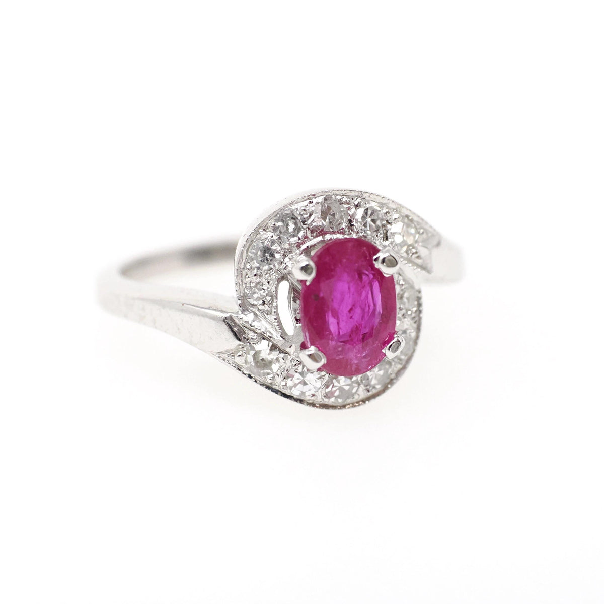 Ruby Halo Ring - Mid Century 14k White Gold Natural Diamond Bypass Engagement - Circa 1950s Era Size 6 1/4 July Birthstone Fine Jewelry