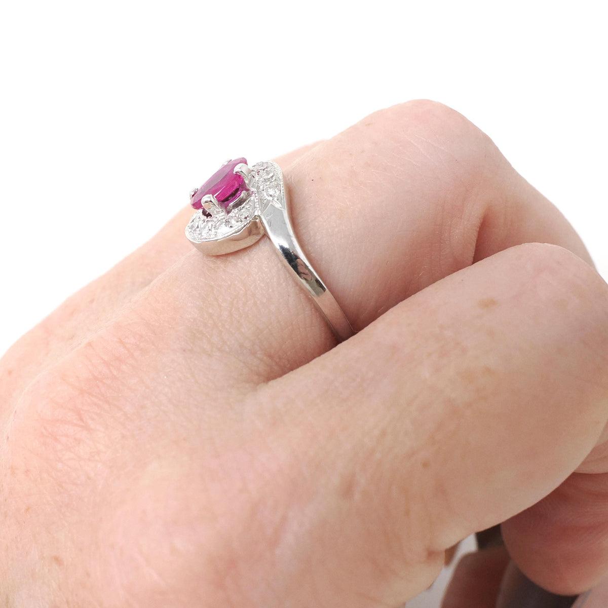 Ruby Halo Ring - Mid Century 14k White Gold Natural Diamond Bypass Engagement - Circa 1950s Era Size 6 1/4 July Birthstone Fine Jewelry