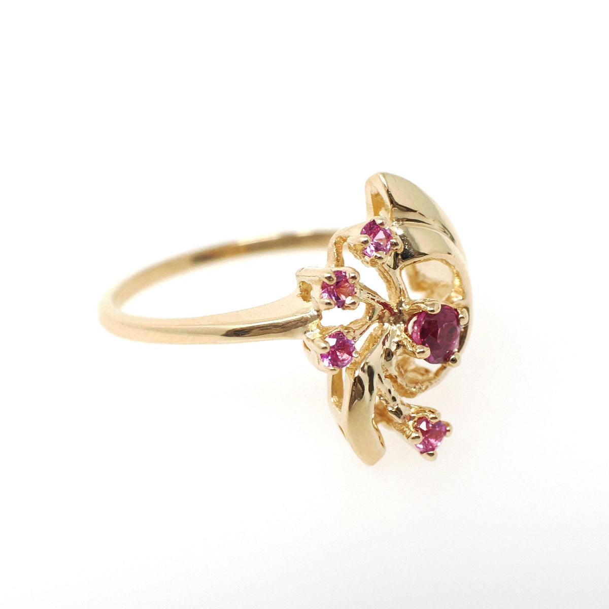 Vintage Bypass Ring - Retro 18k Yellow Gold Created Ruby & Pink Sapphire Spray - Circa 1980s Size 7 1/4 Alternative Engagement Fine Jewelry