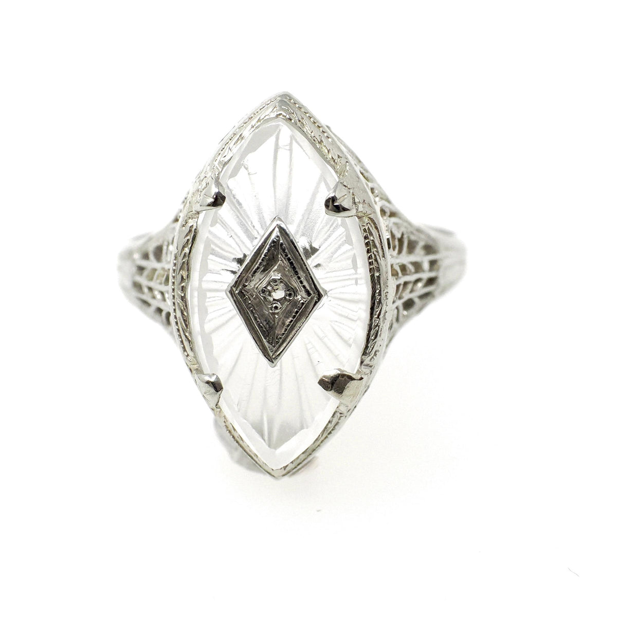 Camphor Glass Ring - Art Deco 18k White Gold Filigree Natural Diamond Statement - Vintage Circa 1930s Size 5 3/4 Marquise Fine 30s Jewelry