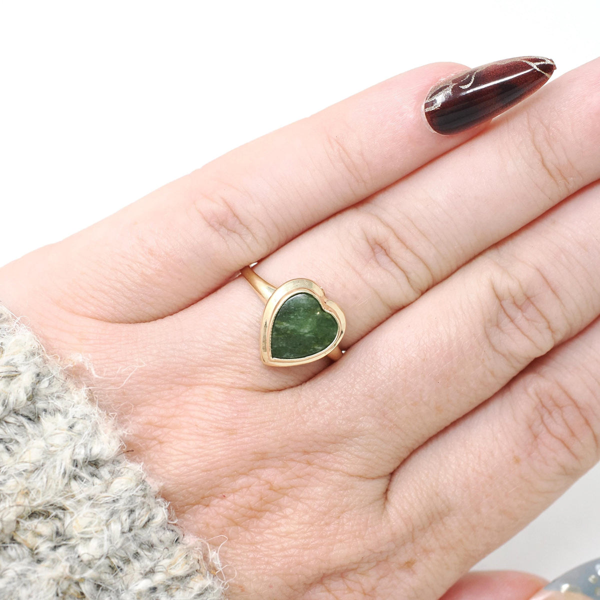 Jade Heart Ring - Mid Century 10k Yellow Gold Green Nephrite Gemstone - Vintage Circa 1960s Era Size 5 3/4 Fine Statement Sweetheart Jewelry