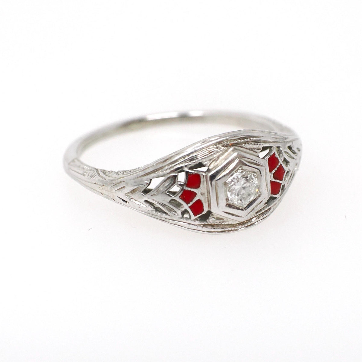 Deco Engagement Ring - Antique 14k White Gold Hexagonal .07CT Diamond Filigree Solitaire - Circa 1920s Size 5 1/4 Fine Enamel Detail Jewelry