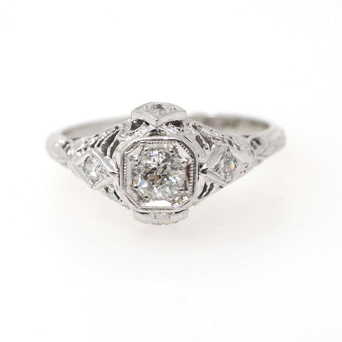 Art Deco Engagement Ring - Vintage 18k White Gold Filigree .38 CTW Old European Cut Diamond - Circa 1930s Era Size 6 3/4 Fine Floral Jewelry