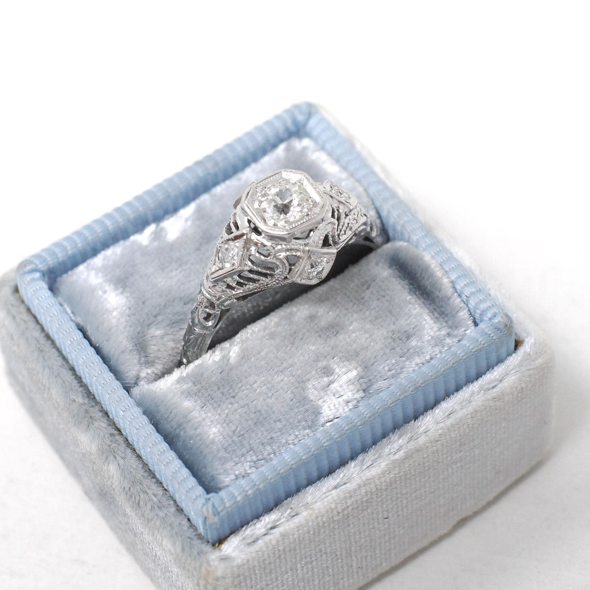 Art Deco Engagement Ring - Vintage 18k White Gold Filigree .38 CTW Old European Cut Diamond - Circa 1930s Era Size 6 3/4 Fine Floral Jewelry