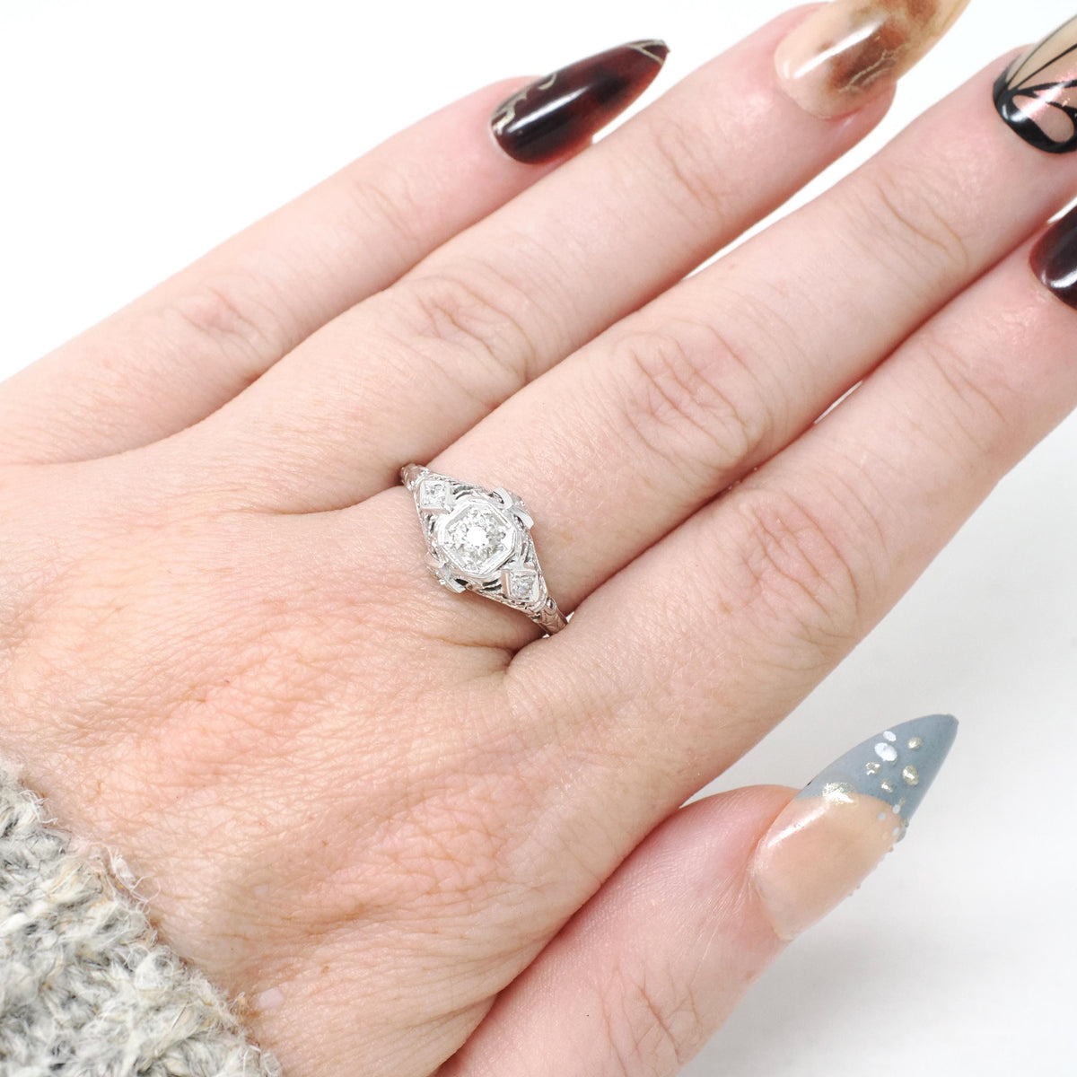 Art Deco Engagement Ring - Vintage 18k White Gold Filigree .38 CTW Old European Cut Diamond - Circa 1930s Era Size 6 3/4 Fine Floral Jewelry
