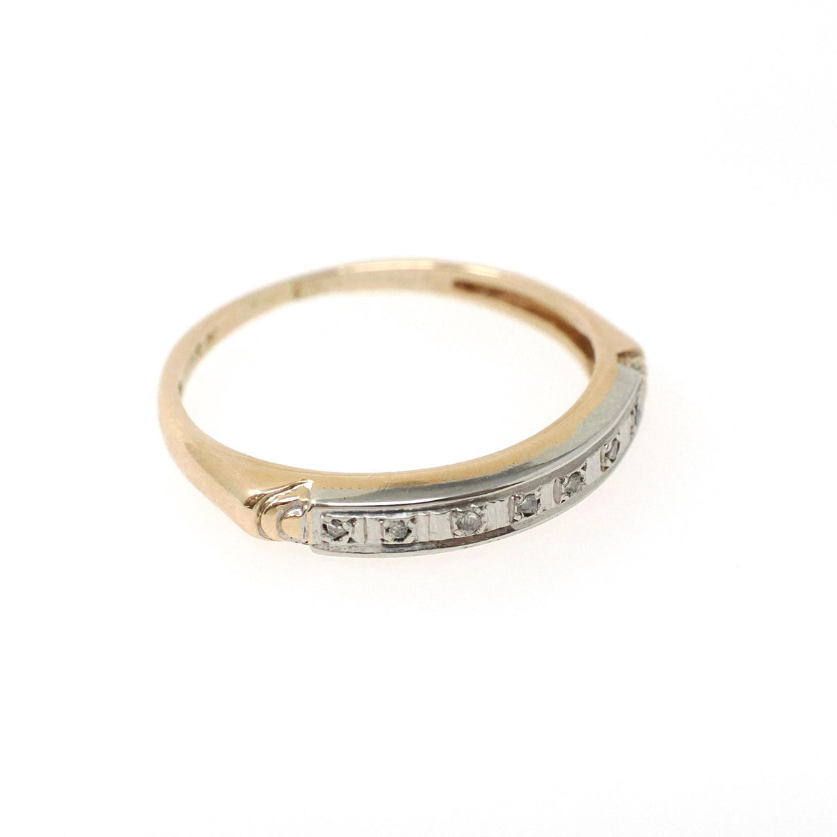Diamond Wedding Band - Mid Century 14k Yellow & White Gold Rough Cut Gem Ring - Circa 1950s Size 4.5 Fine Two Tone Dainty Bridal Jewelry