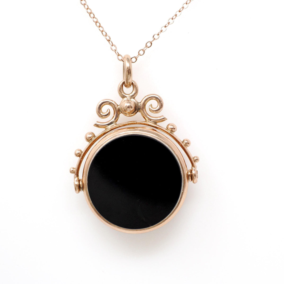 Antique Spinner Locket - Victorian 10k Rose Gold Black White Onyx Sard Carved Intaglio Fob Necklace - Circa 1890s Statement Fine Jewelry