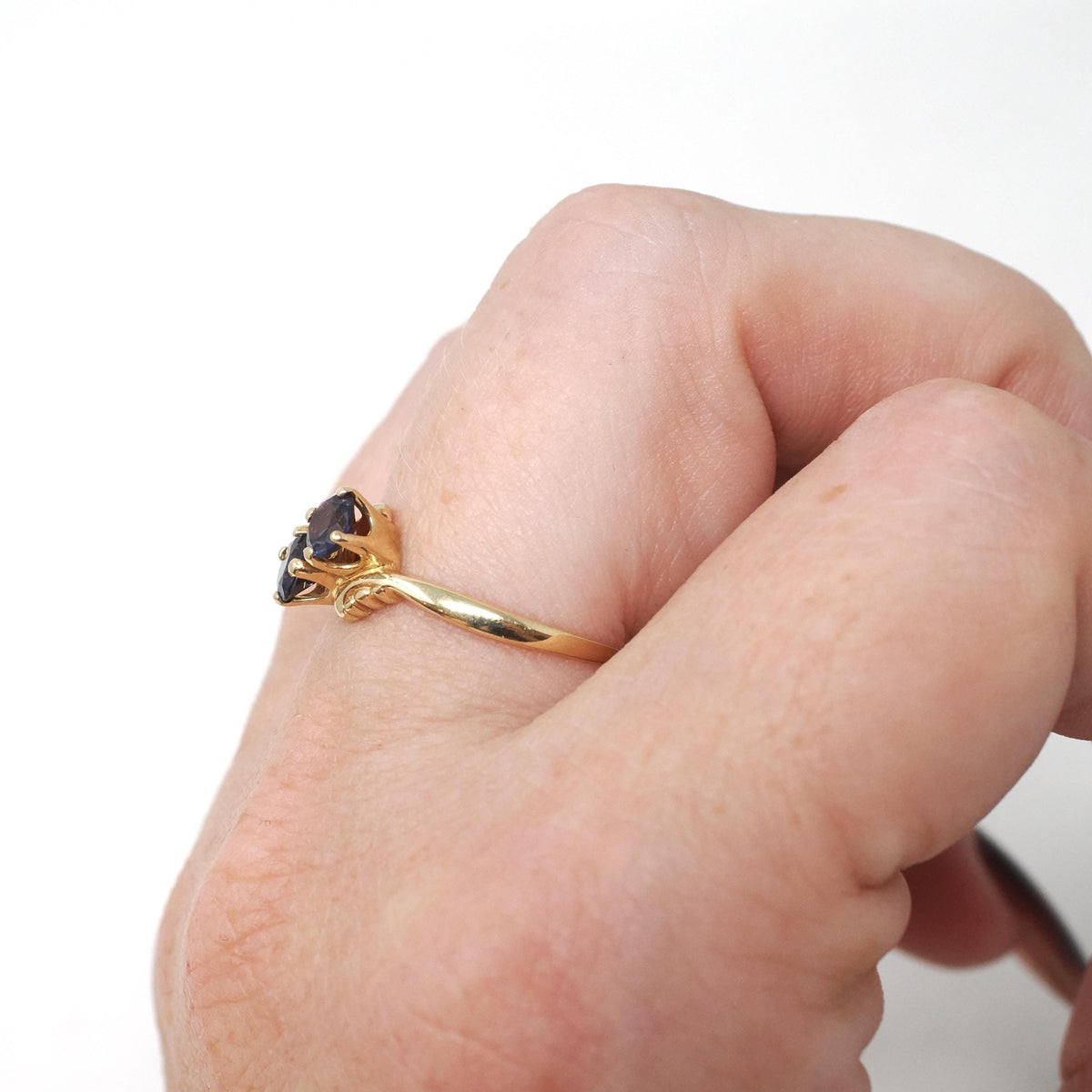 Vintage Bypass Ring - Mid Century 10k Yellow Gold Purple Created Spinel Triplet Gemstone - Circa 1950s Era Size 6.25 Toi Et Moi Fine Jewelry