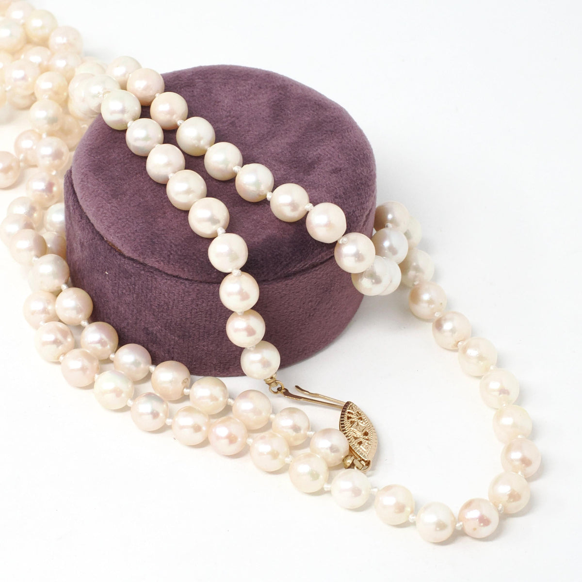 Cultured Pearl Necklace - Contemporary 14k Yellow Gold Individually Knotted 7.0 MM Rope Length Strand - Circa 2000s Era 40 Inch Fine Jewelry