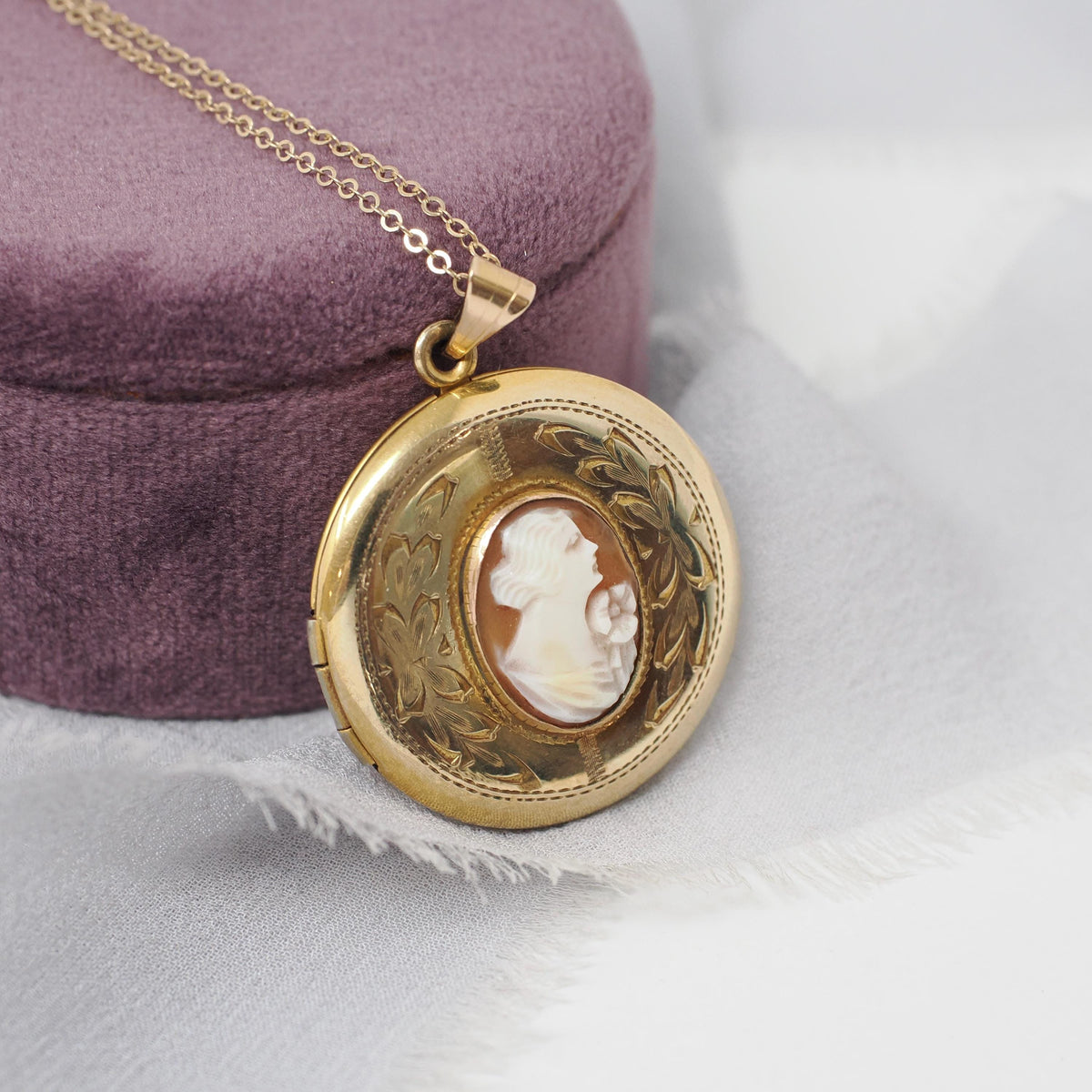 Vintage Cameo Locket - Retro Gold Filled Carved Shell Portrait Pendant Necklace - Circa 1940s Era Round Floral Photograph Keepsake Jewelry