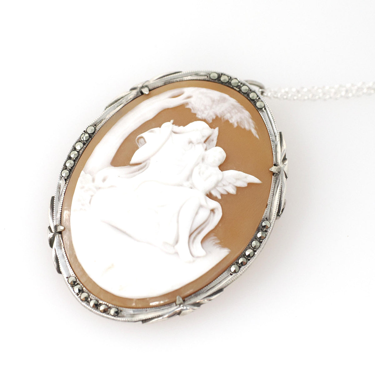 Mythical Cameo Necklace - Art Deco 930 Silver Carved Shell Brooch Pendant - Circa 1920s Era Venus & Eros Marcasite Accented Jewelry