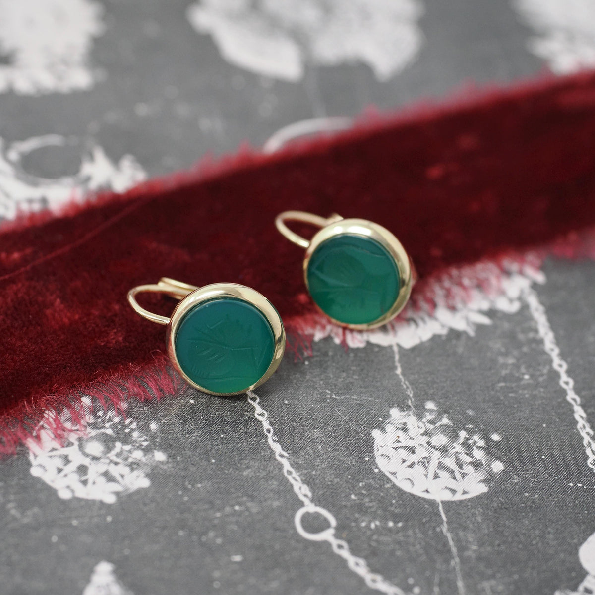 Vintage Intaglio Earrings - Modernist 14k Yellow Gold Carved Dyed Green Chalcedony Gemstone Leverbacks - Circa 1970s Fine Centurion Jewelry