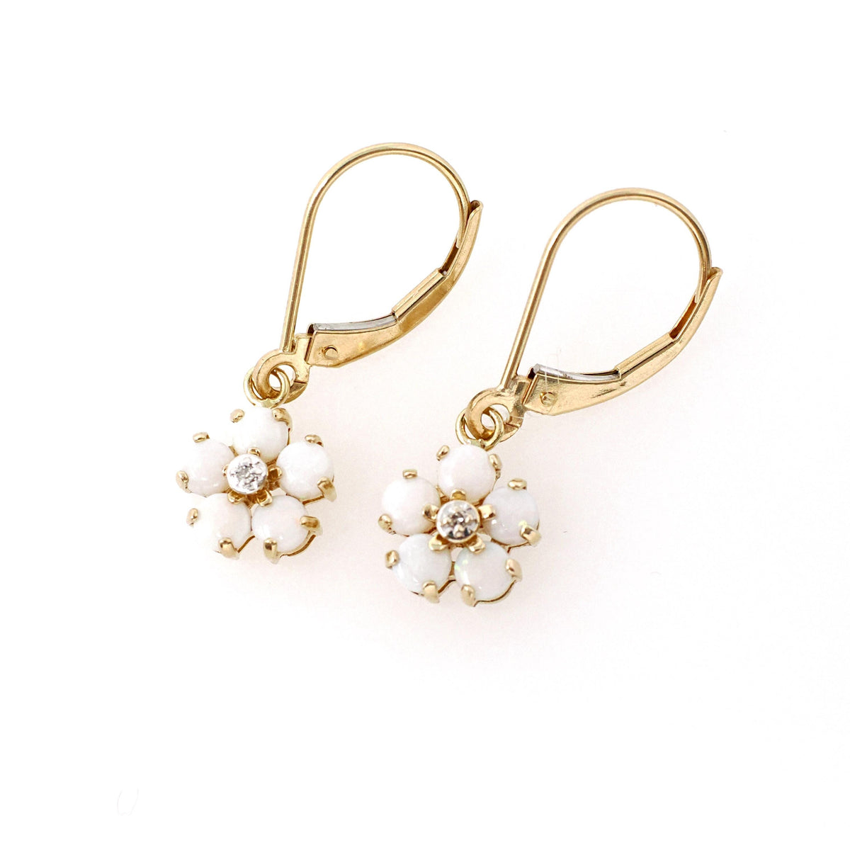 Opal & Diamond Earrings - Estate 14k Yellow Gold Natural Gemstone Flower Lever Back Drops - Contemporary 2000s Era Pierced Ears Fine Jewelry