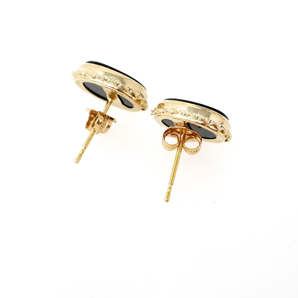 Natural Onyx Earrings - Bold Gold 14k Yellow Gold Pierced Push Backs Black Gemstone Studs - Circa 1980s Era Oval Rope Bezel Fine Jewelry