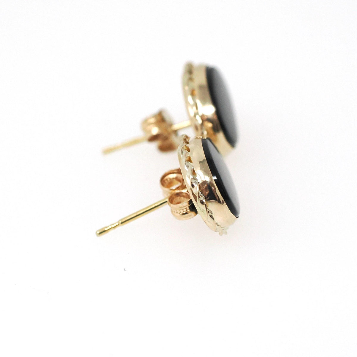 Natural Onyx Earrings - Bold Gold 14k Yellow Gold Pierced Push Backs Black Gemstone Studs - Circa 1980s Era Oval Rope Bezel Fine Jewelry