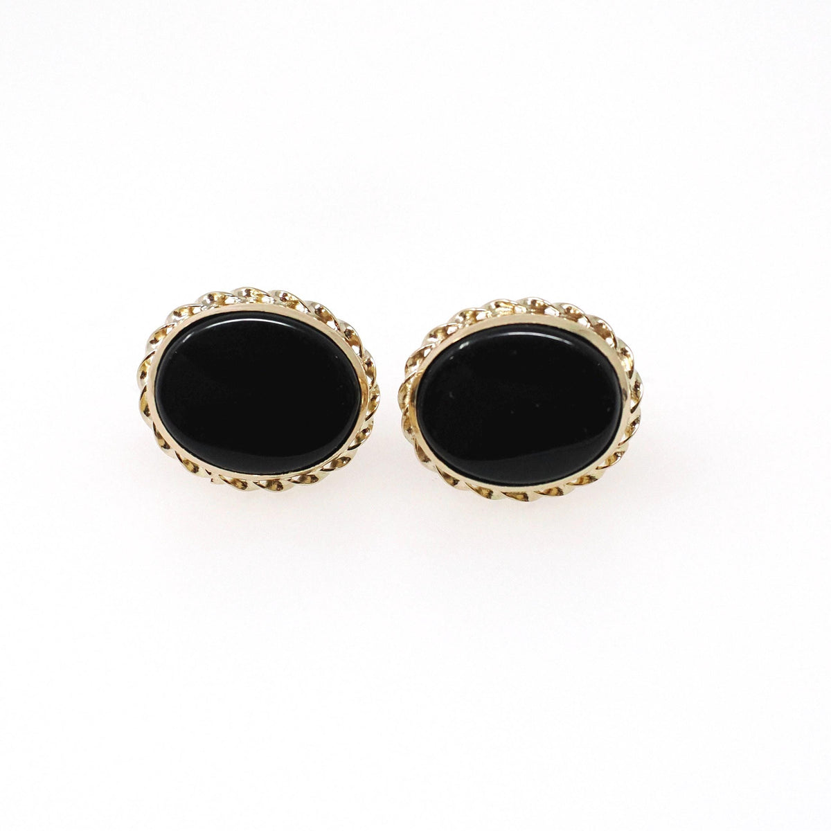 Natural Onyx Earrings - Bold Gold 14k Yellow Gold Pierced Push Backs Black Gemstone Studs - Circa 1980s Era Oval Rope Bezel Fine Jewelry
