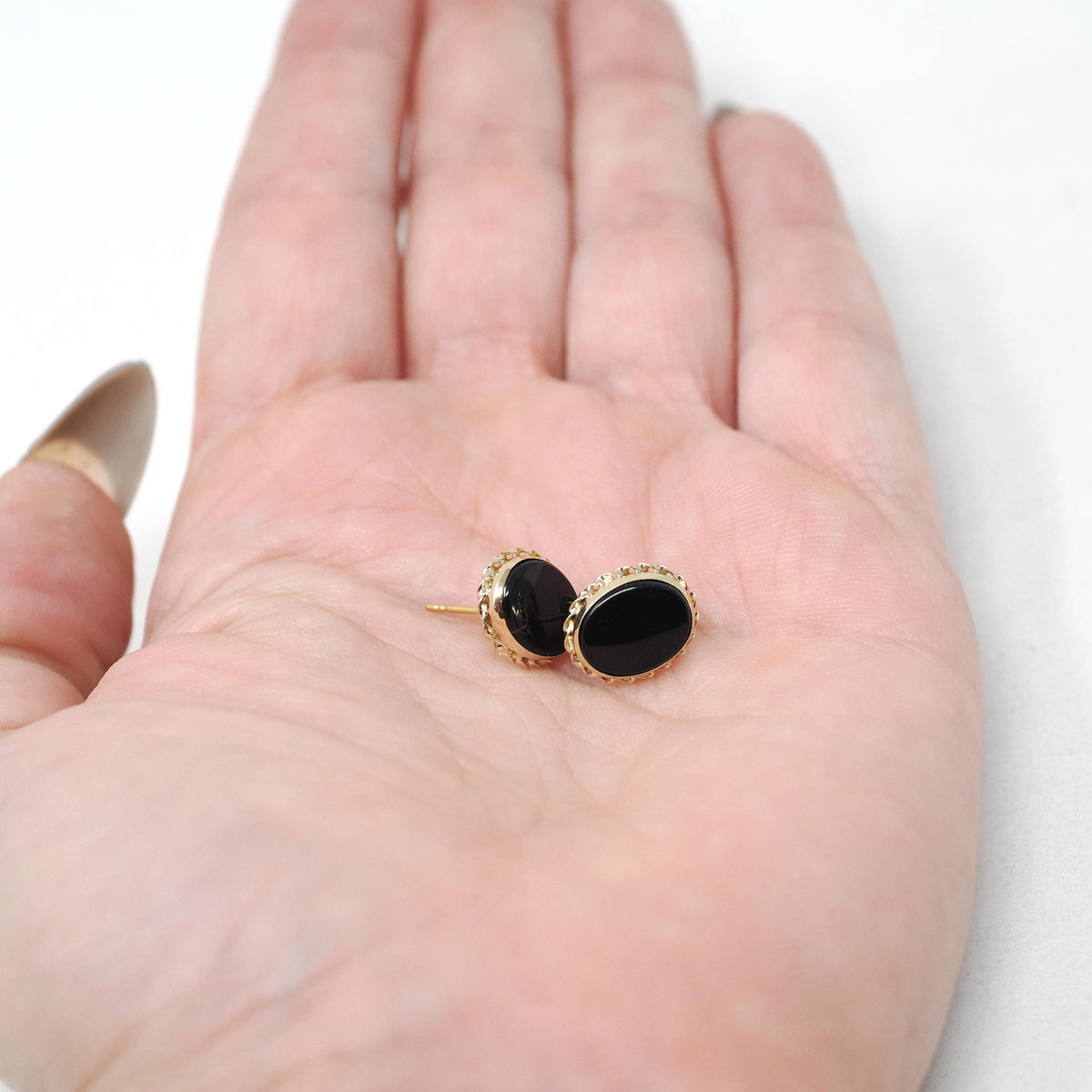 Natural Onyx Earrings - Bold Gold 14k Yellow Gold Pierced Push Backs Black Gemstone Studs - Circa 1980s Era Oval Rope Bezel Fine Jewelry