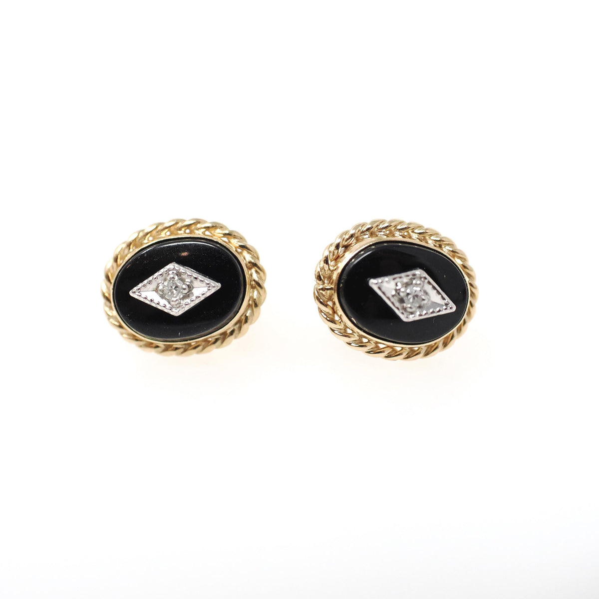 Vintage Diamond Earrings - Modernist 14k Yellow Gold Oval Black Glass Studs - Circa 1960s Era Pierced Push Back Two Tone Fine 60s Jewelry