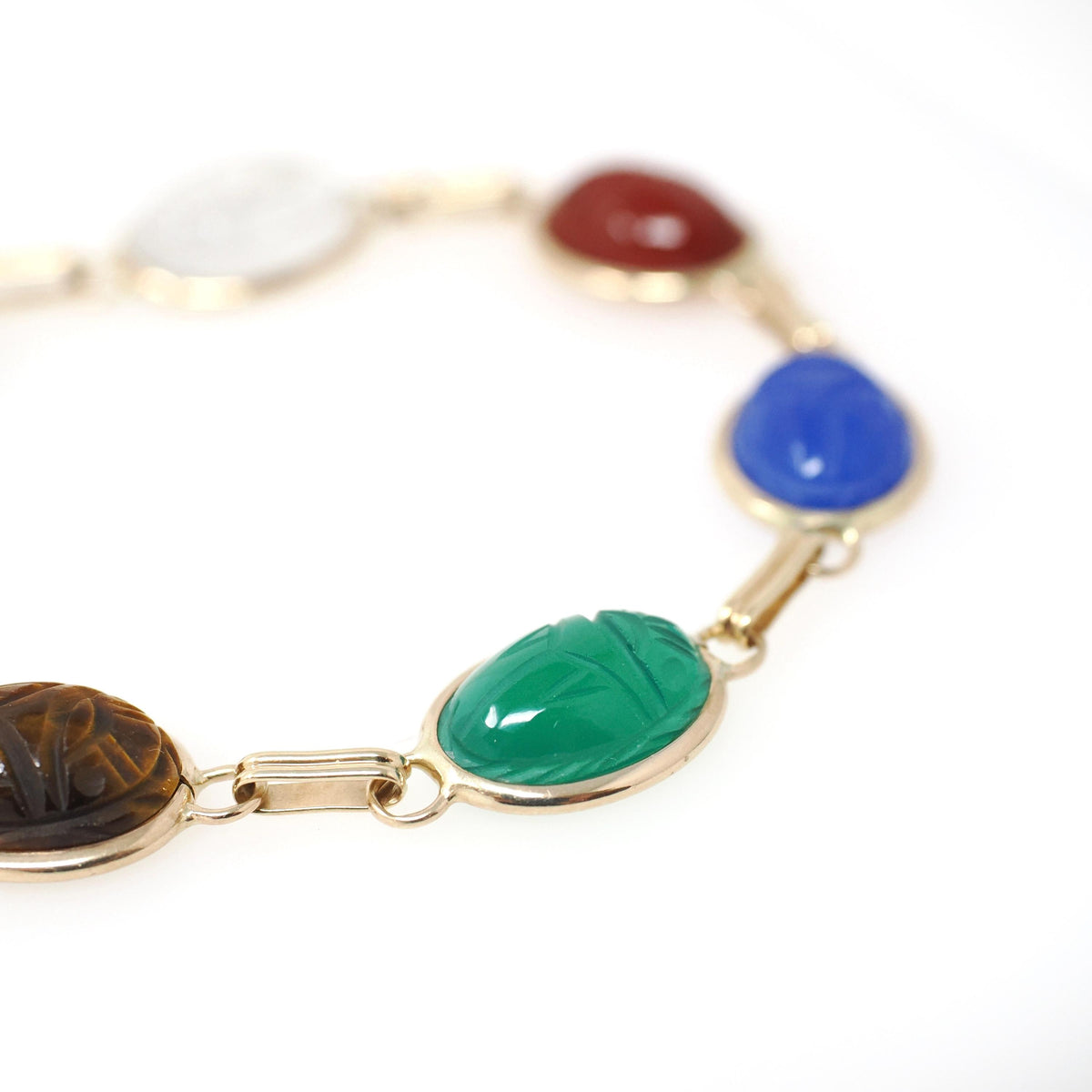 Vintage Scarab Bracelet - Modernist 14k Yellow Gold Oval Carved Natural Gemstones - Circa 1960s Era Egyptian Revival Style Fine 60s Jewelry