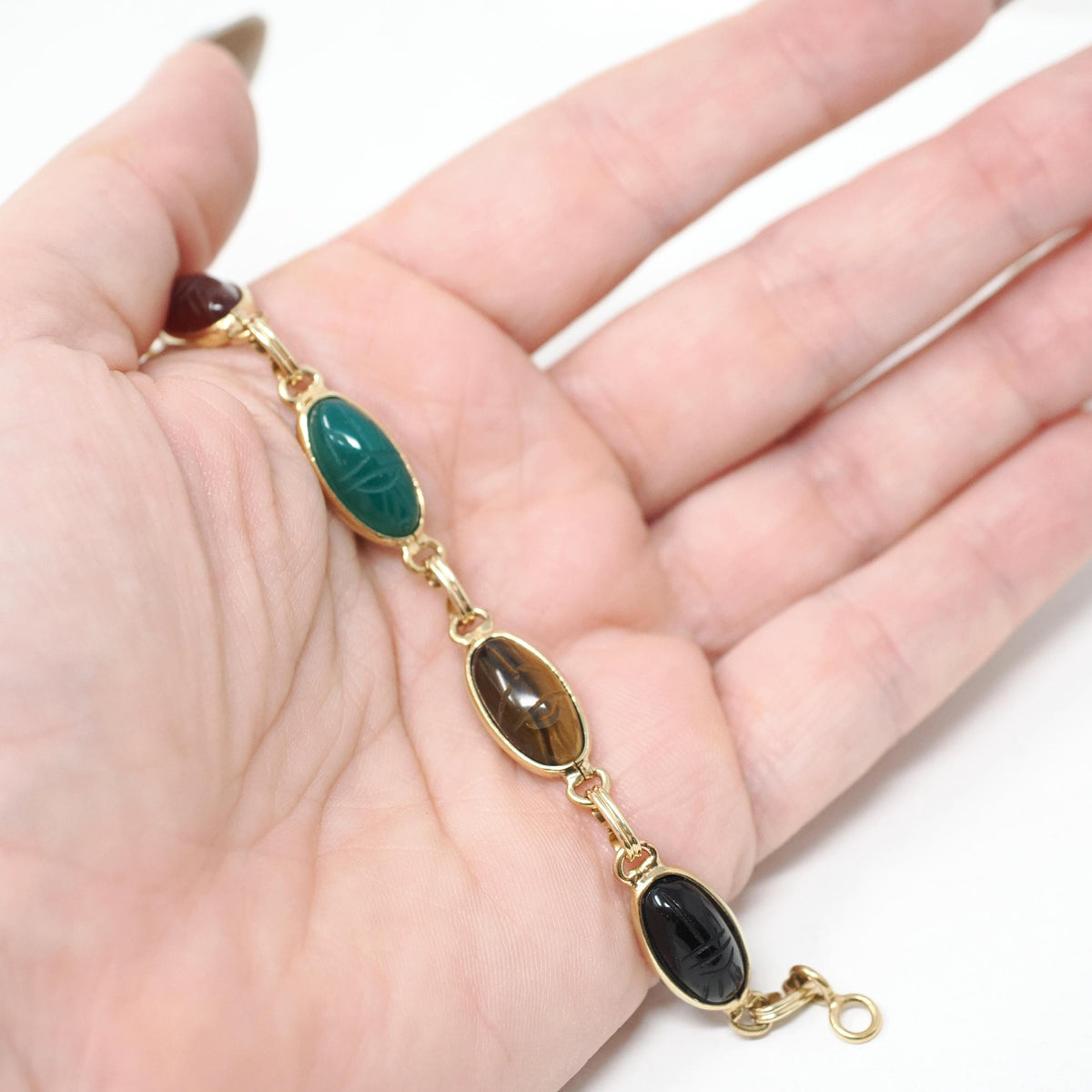 Vintage Scarab Bracelet - Modernist 14k Yellow Gold Oval Carved Natural Gemstones - Circa 1960s Era Egyptian Revival Style Fine 60s Jewelry