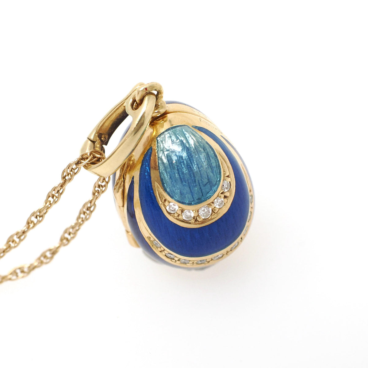 Vintage Fabergé Egg Locket - Contemporary 18k Yellow Gold Blue Enamel Natural Diamond Charm Necklace - Circa 1990s Duck Animal Fine Jewelry