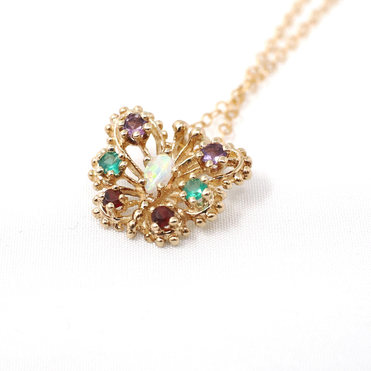 Vintage Butterfly Necklace - Contemporary 14k Yellow Gold Natural Opal Amethyst Garnet Created Emerald Gem - Circa 2000s Winged Fine Jewelry