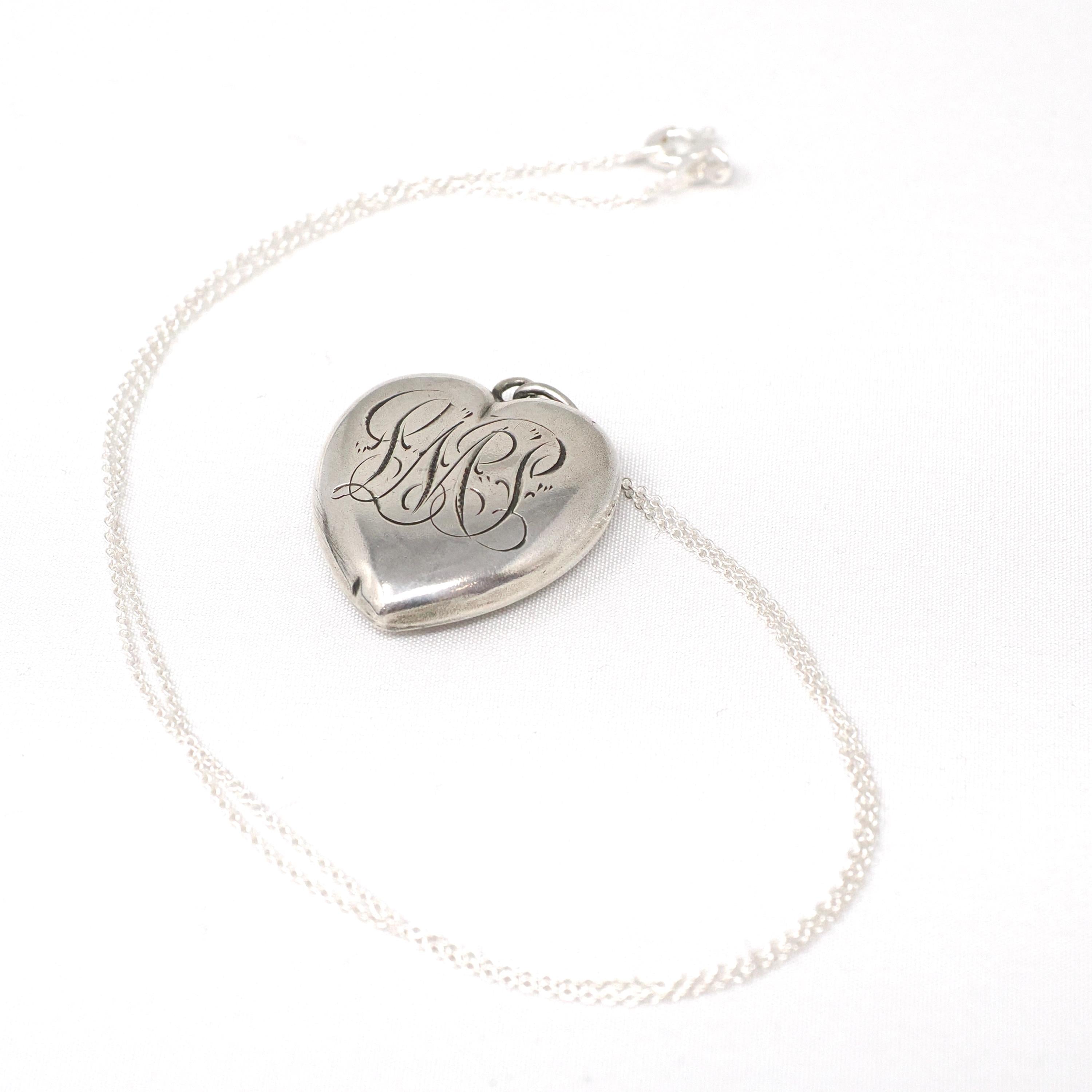 Antique Heart Pendant - Edwardian Sterling Silver Engraved Monogram "PMP" Necklace Fob Charm - Circa 1910s Era Keepsake Fine Fashion Jewelry