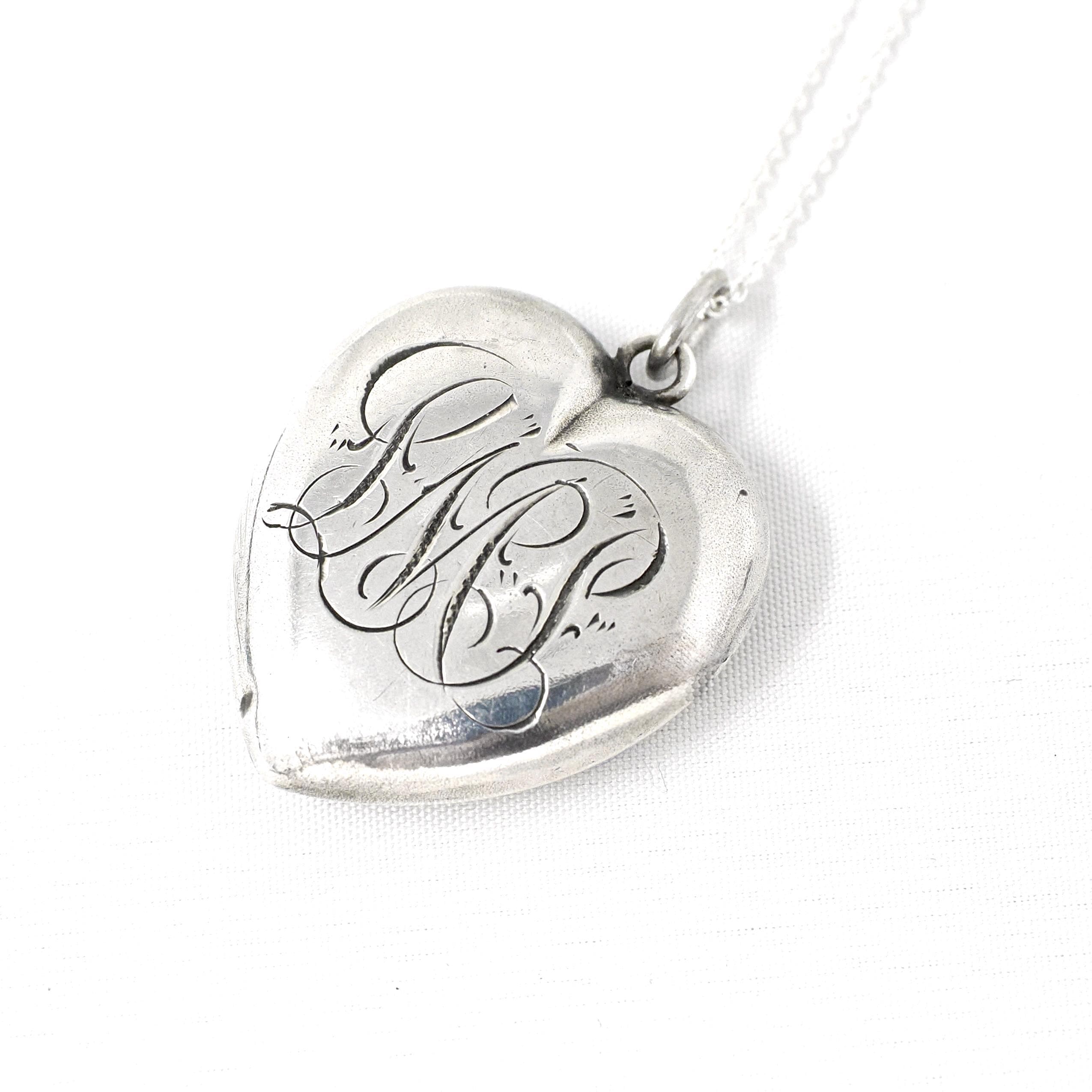 Antique Heart Pendant - Edwardian Sterling Silver Engraved Monogram "PMP" Necklace Fob Charm - Circa 1910s Era Keepsake Fine Fashion Jewelry