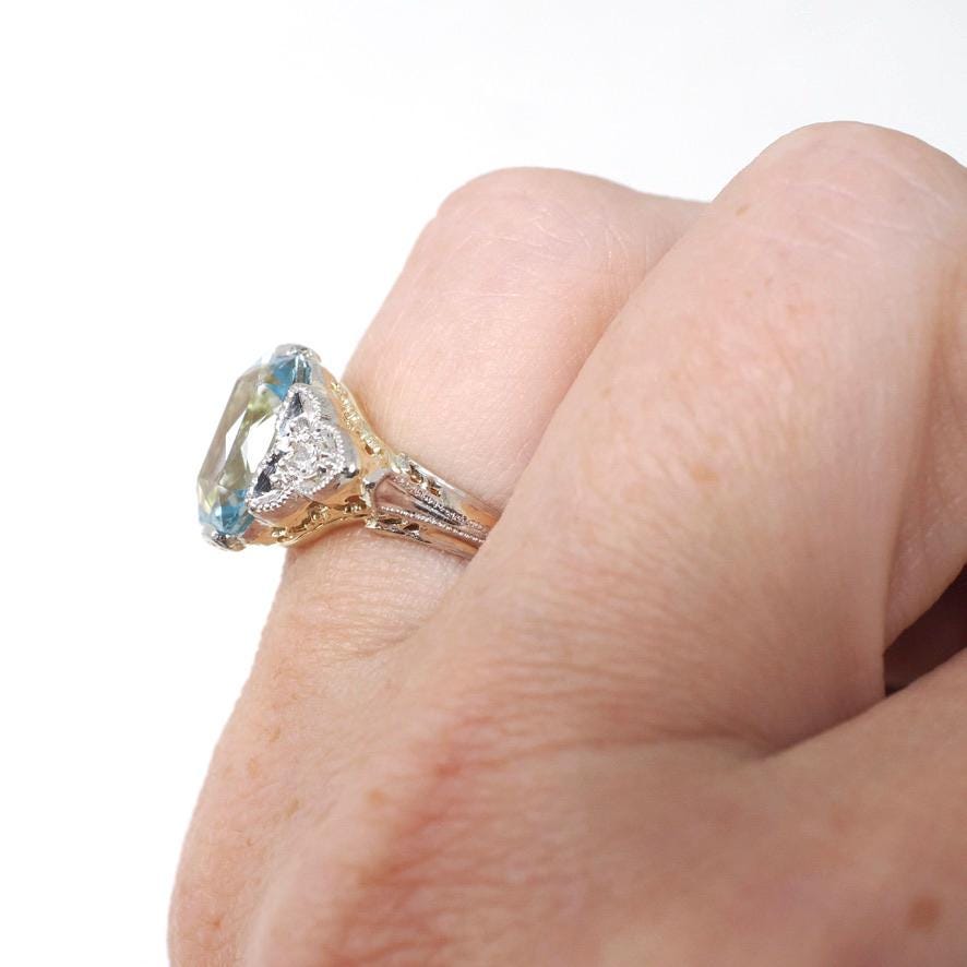 Antique Aquamarine Ring - Art Deco 14k Yellow Gold Platinum Light Blue Gemstone & Diamond Accents - Circa 1920s Era Size 4 3/4 Fine Jewelry