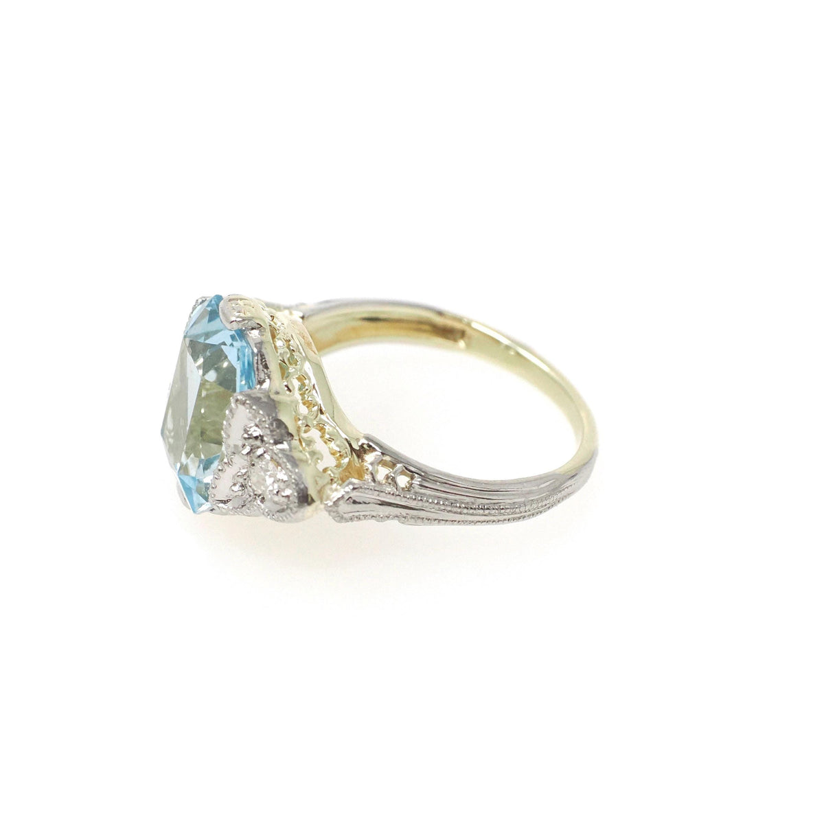 Antique Aquamarine Ring - Art Deco 14k Yellow Gold Platinum Light Blue Gemstone & Diamond Accents - Circa 1920s Era Size 4 3/4 Fine Jewelry