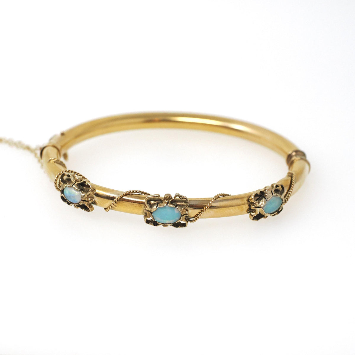 Antique Opal Bracelet - Edwardian 14k Yellow Gold Natural Gem Bangle - Circa 1910s Era Rope Chain Detail Fine October Birthstone Jewelry