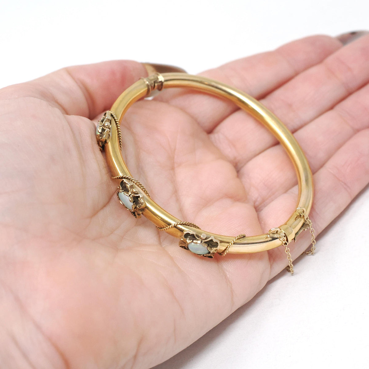 Antique Opal Bracelet - Edwardian 14k Yellow Gold Natural Gem Bangle - Circa 1910s Era Rope Chain Detail Fine October Birthstone Jewelry