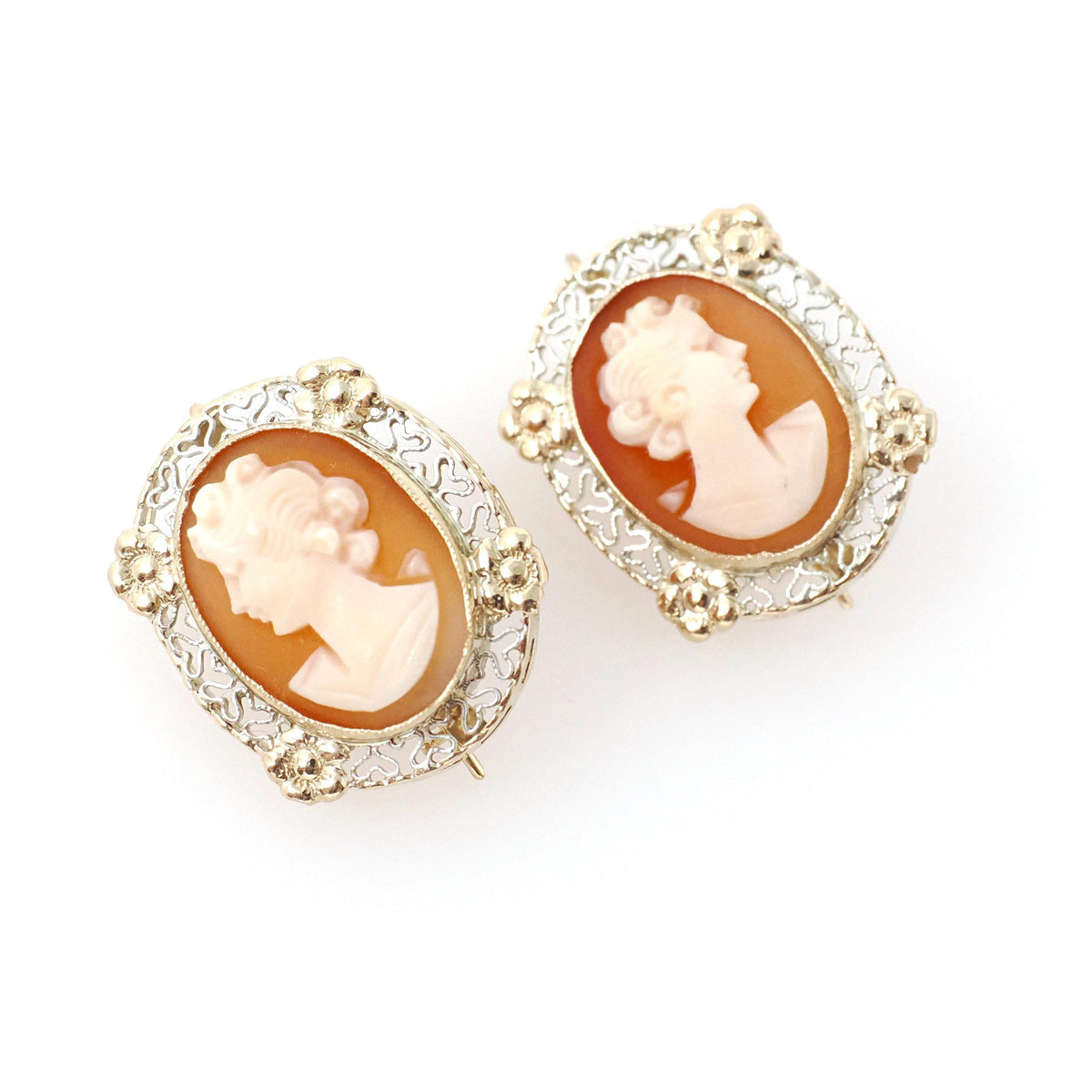 Vintage Cameo Earrings - Mid Century 14k Yellow Gold & Silver Bezel Set Pierced Wire Hooks - Circa 1960s Carved Shell Fine Filigree Jewelry