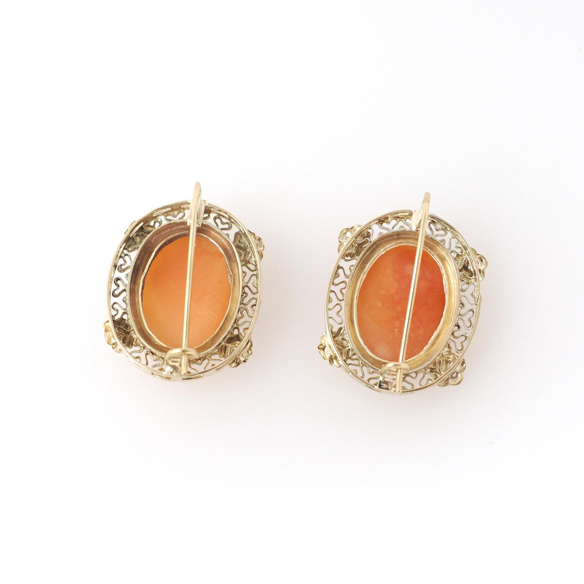 Vintage Cameo Earrings - Mid Century 14k Yellow Gold & Silver Bezel Set Pierced Wire Hooks - Circa 1960s Carved Shell Fine Filigree Jewelry