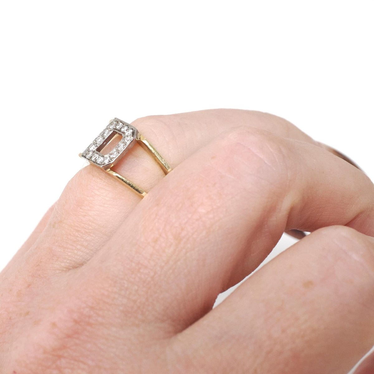 Letter "D" Ring - Contemporary 14k Yellow & White Gold Initial Monogram .14 CTW Diamonds - Circa 1990s Era Size 3 3/4 Statement Fine Jewelry